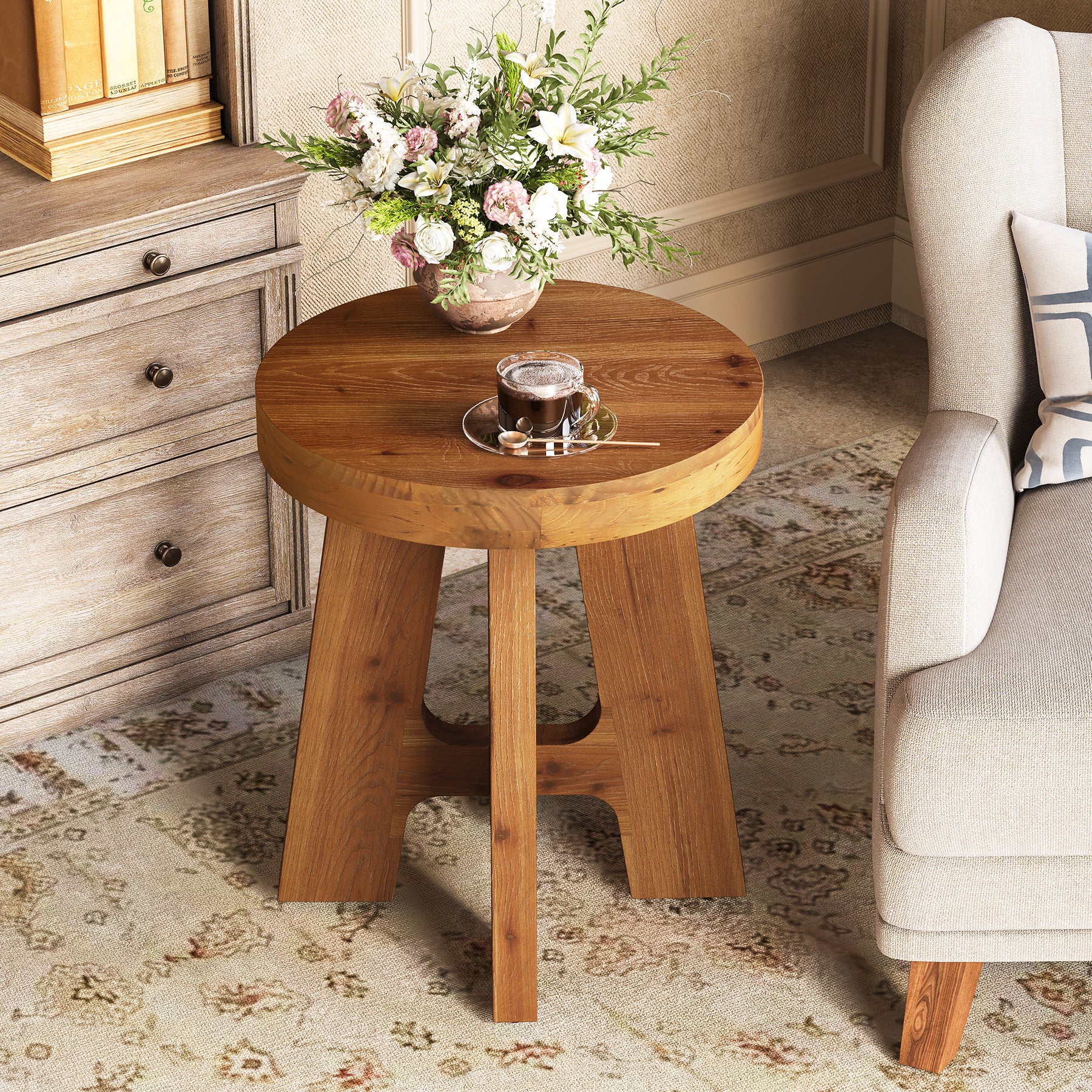 Solid Wood End Table, Round Side Table with Heavy-Duty Legs for Couch