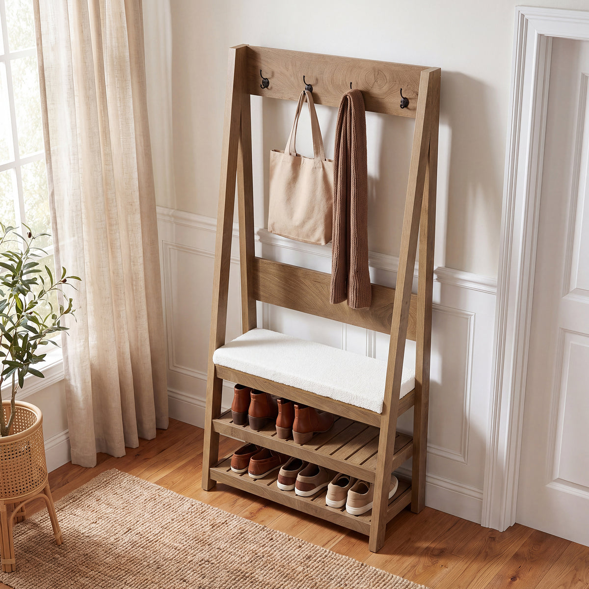 70.9" Hall Tree with Upholstered Bench and Shoe Storage, 4-in-1 Coat Rack for Hallway