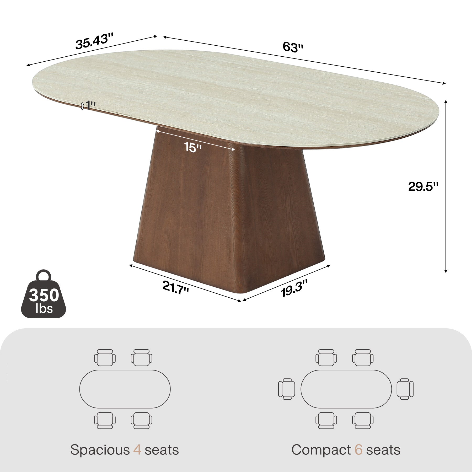 63" Oval Sintered Stone Dining Table with Solid Wood Pedestal Base for 4-6