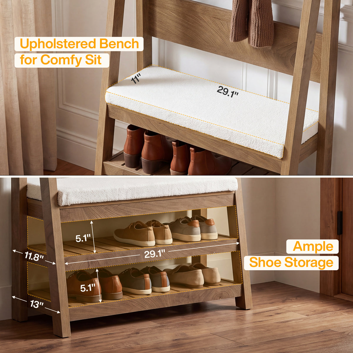 70.9" Hall Tree with Upholstered Bench and Shoe Storage, 4-in-1 Coat Rack for Hallway