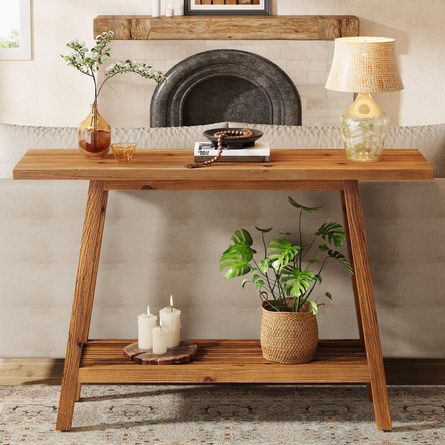 2-Tier Solid Wood Console Table, 41.3" Entryway Table with Storage Shelf