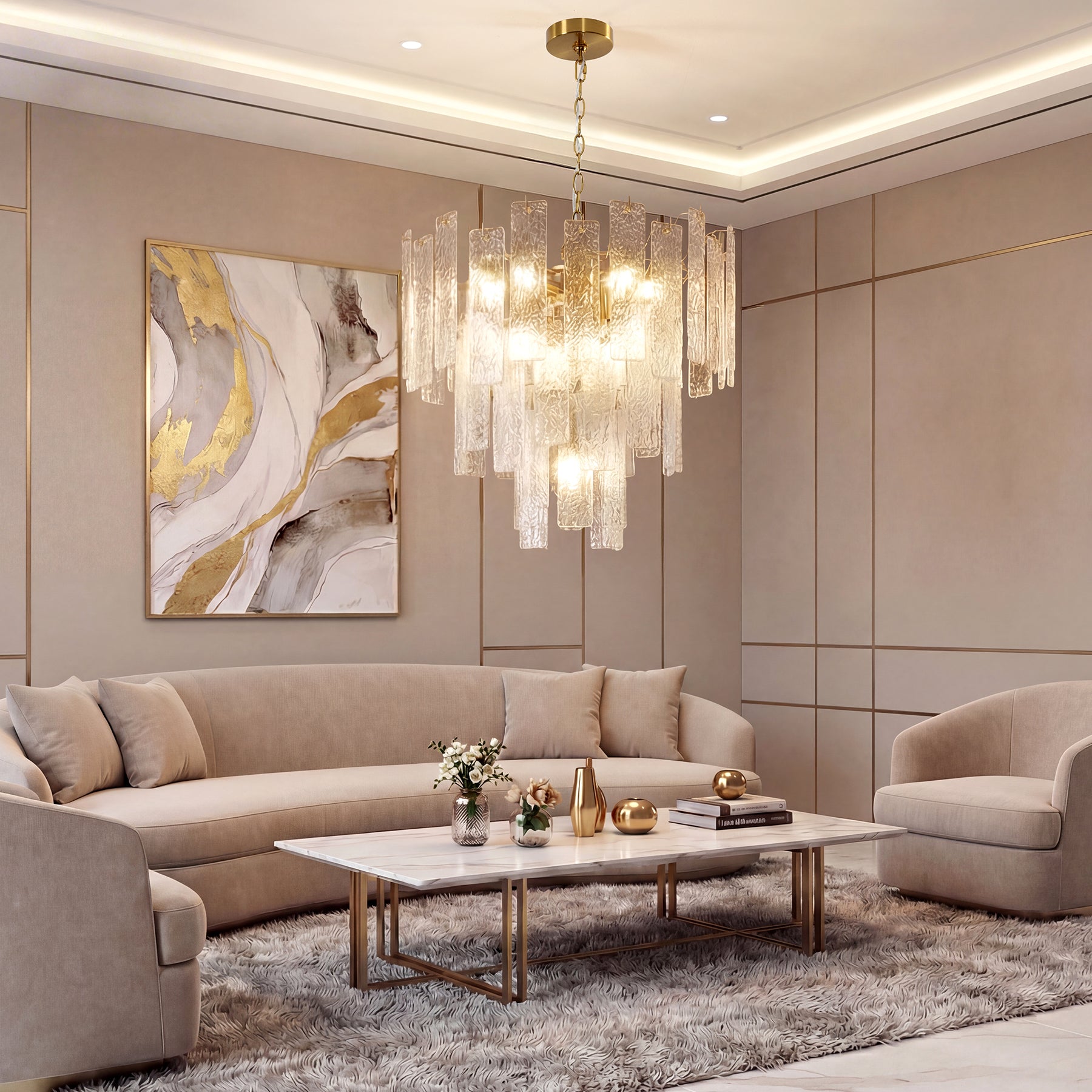 23.6” Modern Chandelier, 10-Light Water Ripple Glass Pendant Ceiling Light