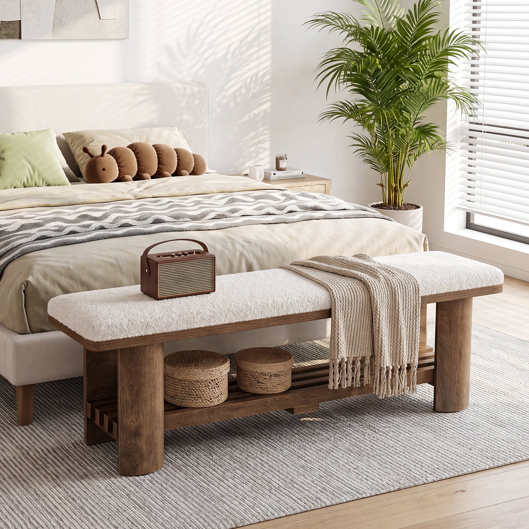62.9" End of Bed Bench with Faux Lamb Wool Cushion for Bedroom