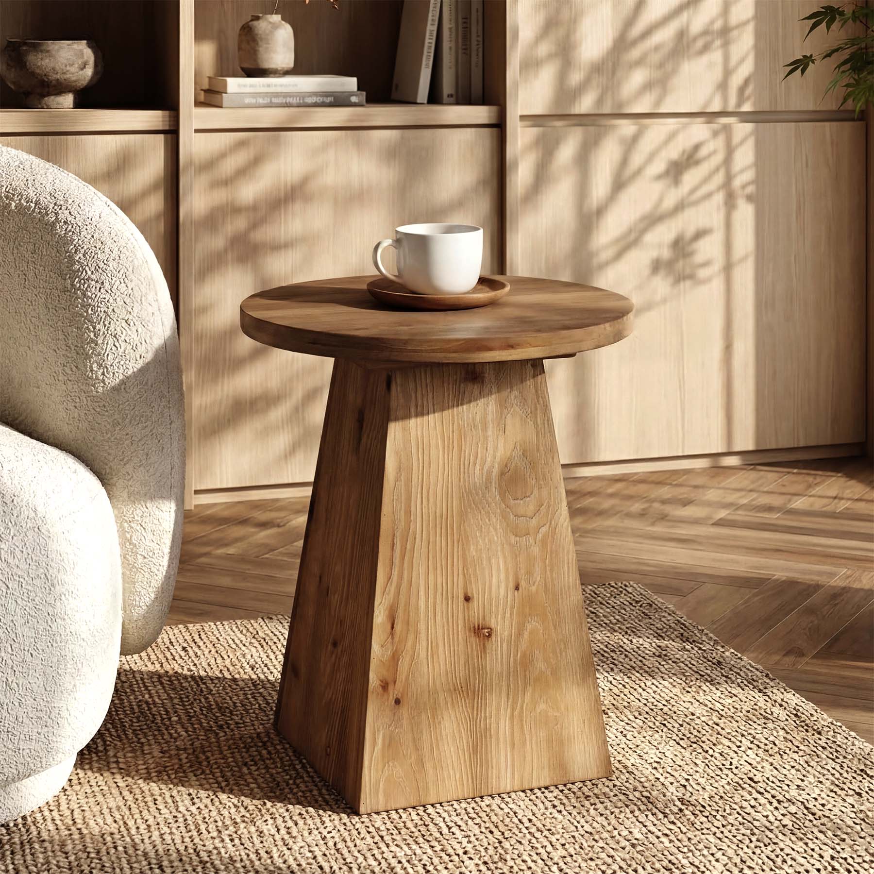 18.9 Inch Solid Wood End Table with Trapezoid Base, Round Side Table for Living Room Small Spaces