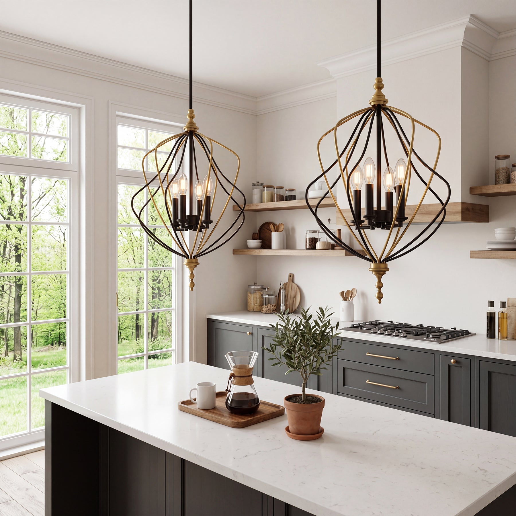 4-Light Chandelier, Modern Metal Cage Pendant Lighting for Living Room (Bulb Not Included)