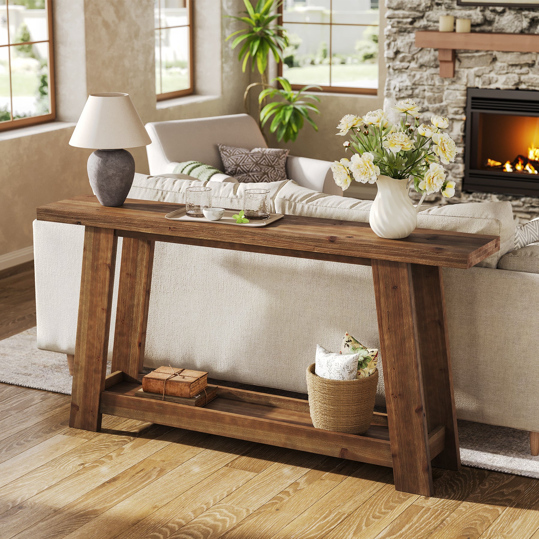 63" Console Table, Farmhouse Wood Sofa Entryway Table with 2-Tier Shelf