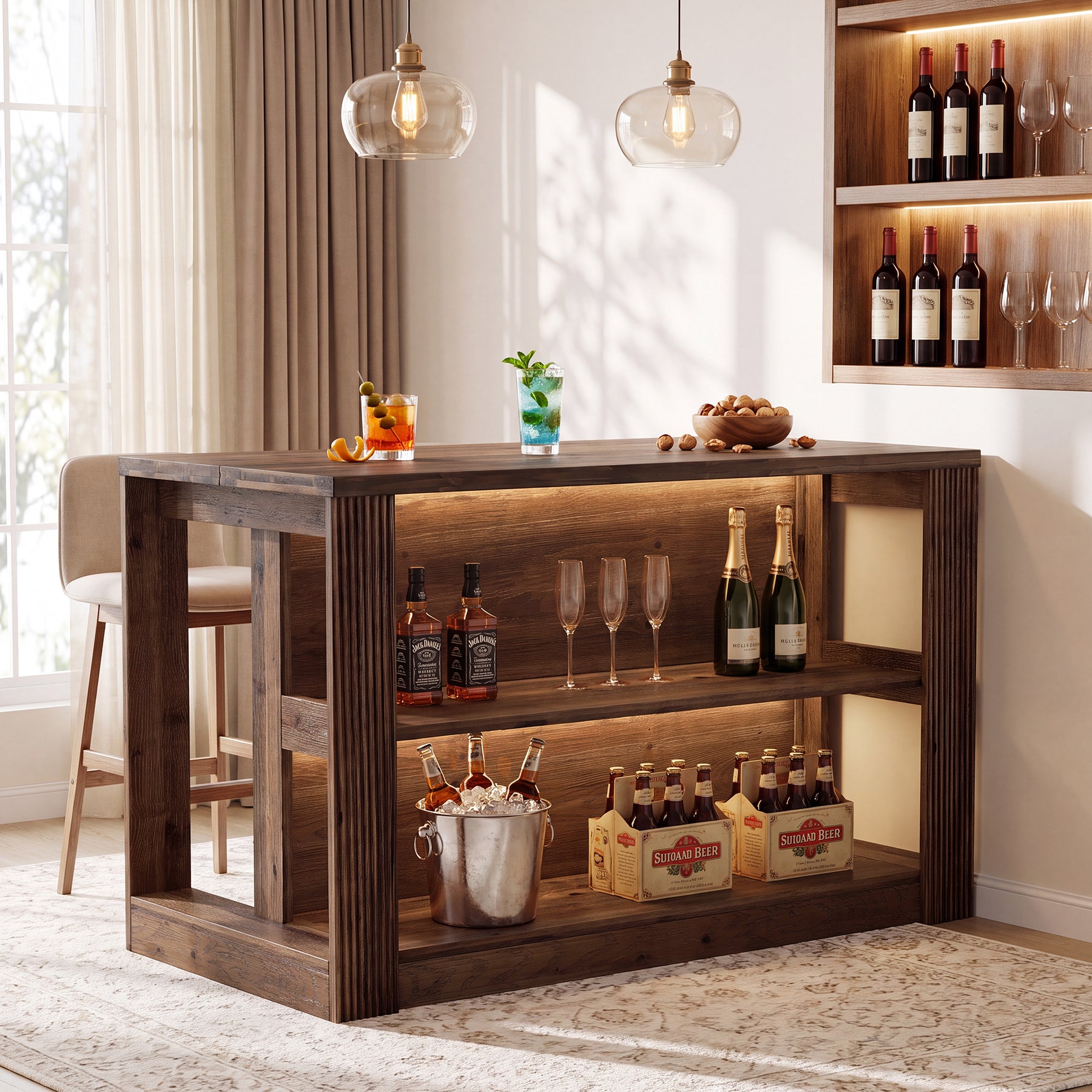 55" Home Bar Table, Solid Wood Counter Height Pub Table for Dining Room