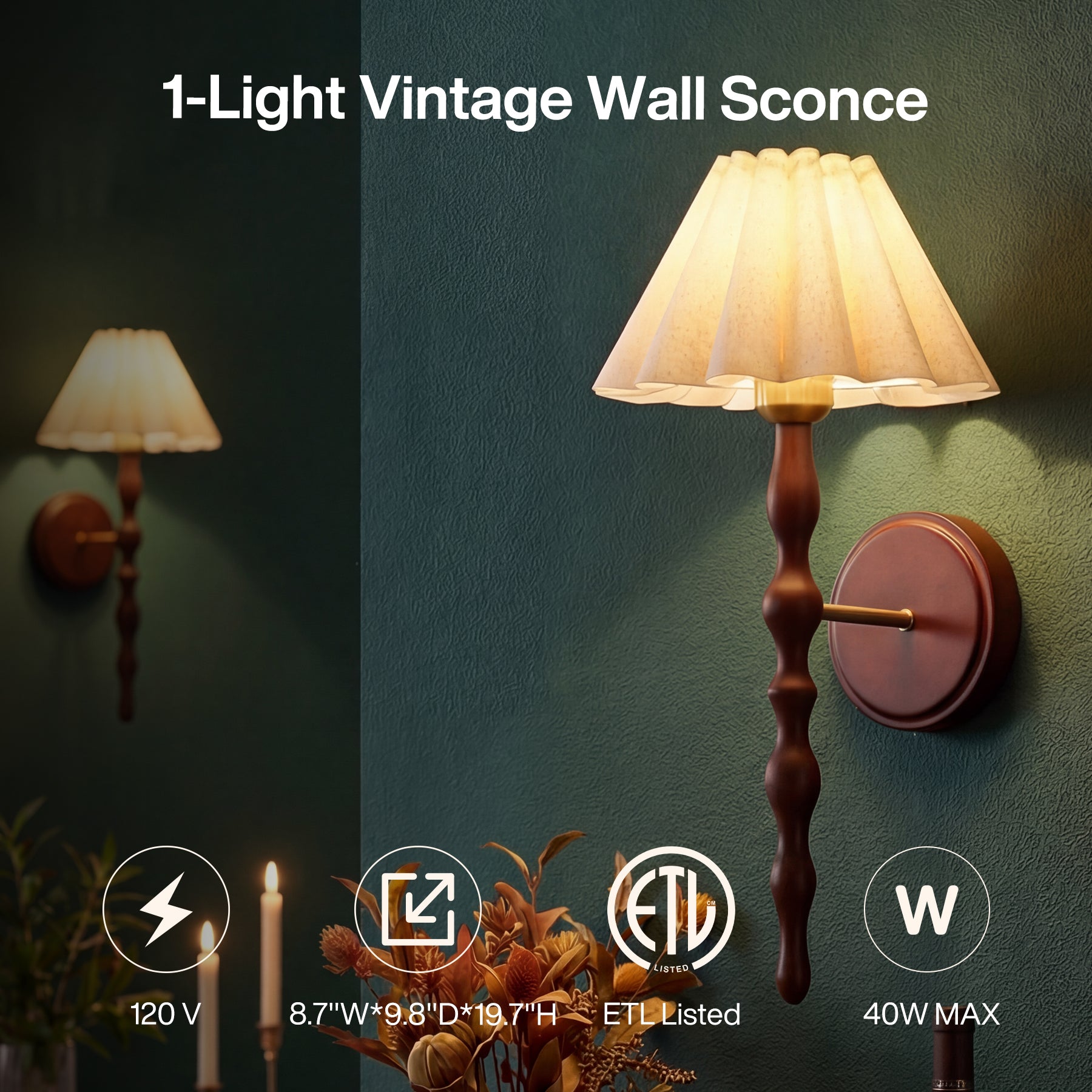 Vintage Wall Sconce, 19.7" 1-Light Wall Lamp with Faux Wood Metal Arm