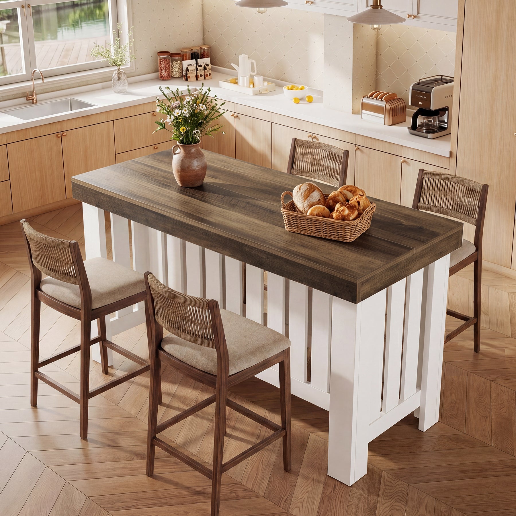 55" Kitchen Island, Farmhouse Stationary Table with Sturdy Base for Kitchen