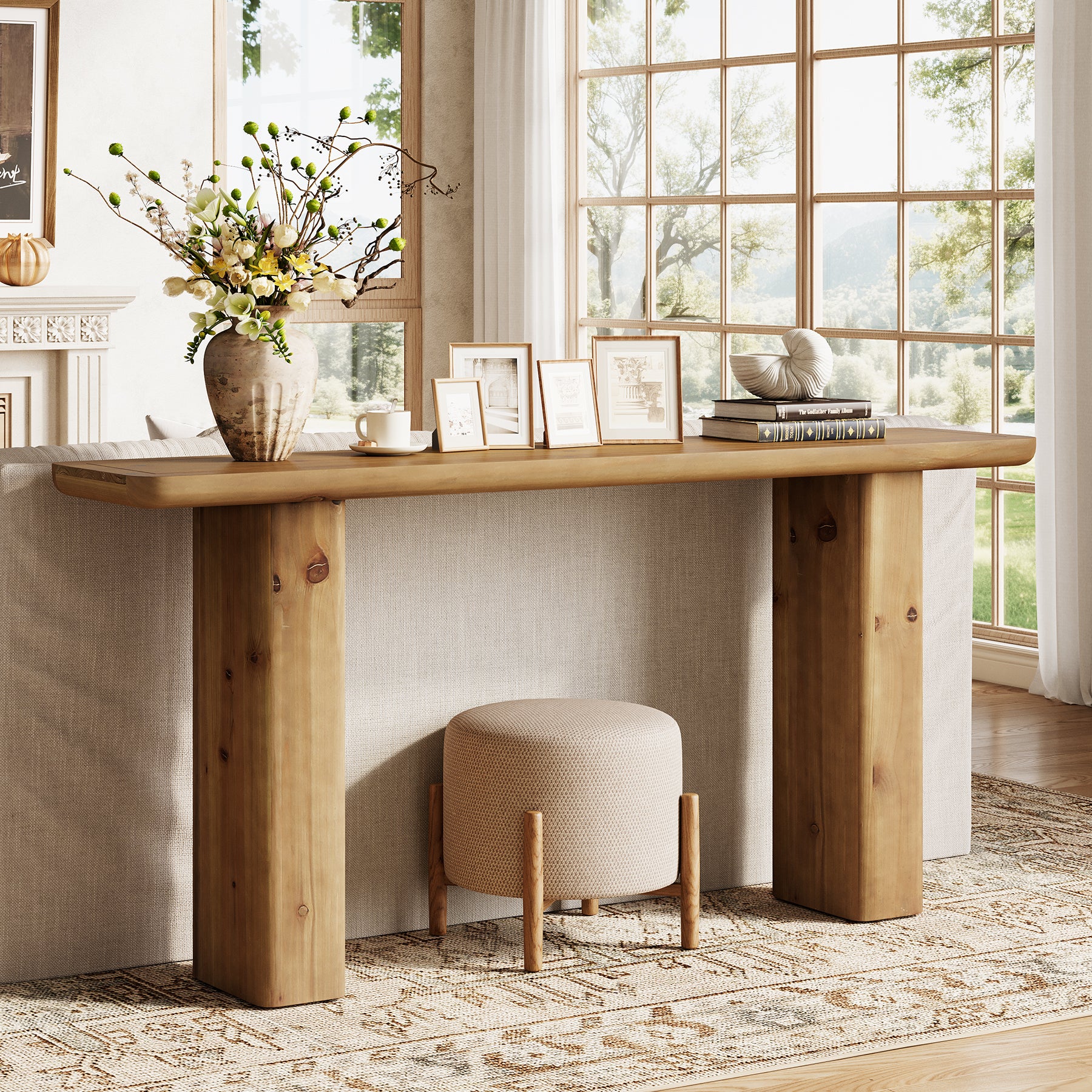Solid Wood Console Table, 63" Sofa Table Behind Couch with Sturdy Base