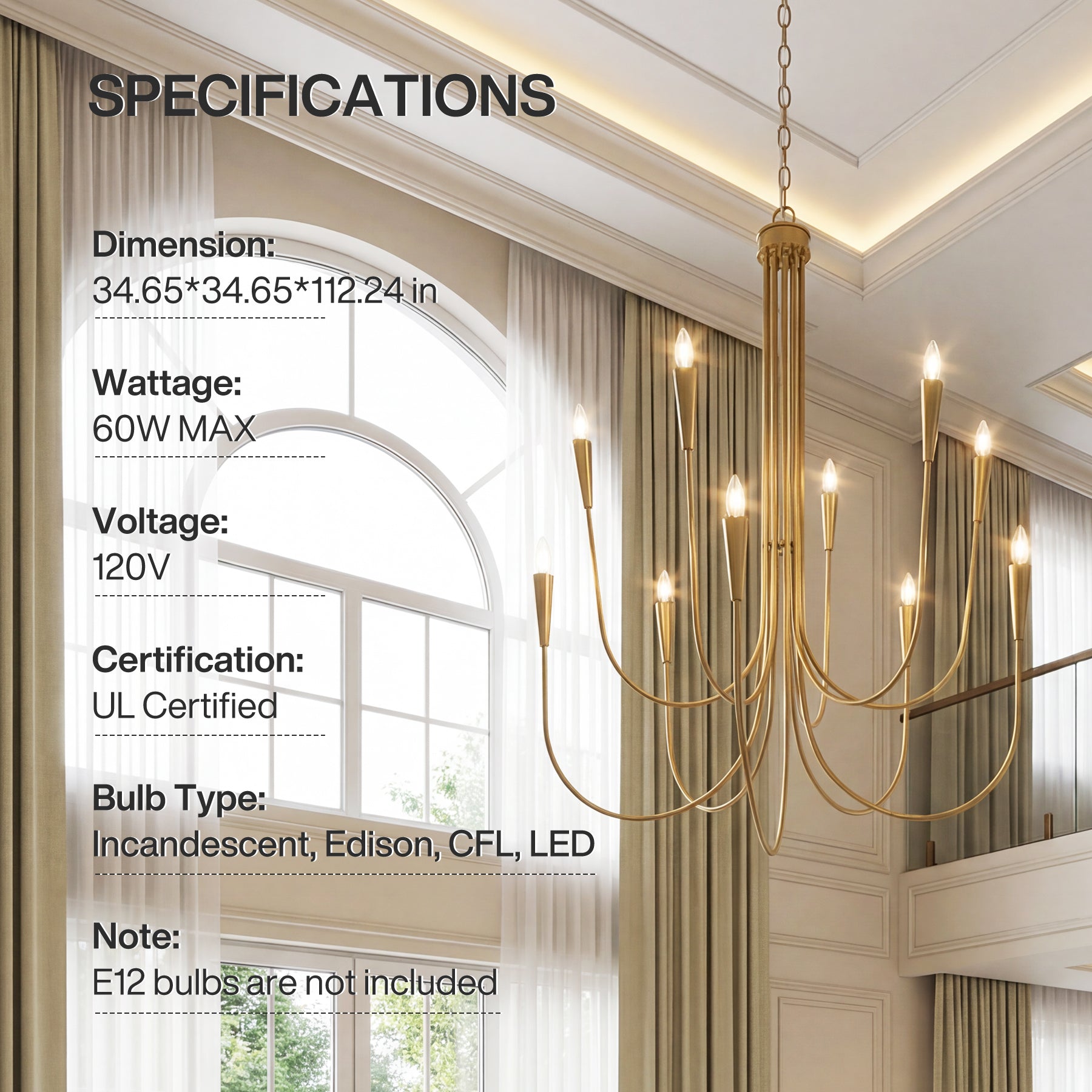 10-Light Modern Chandelier, U-Shaped Arms Pendant Light Fixture