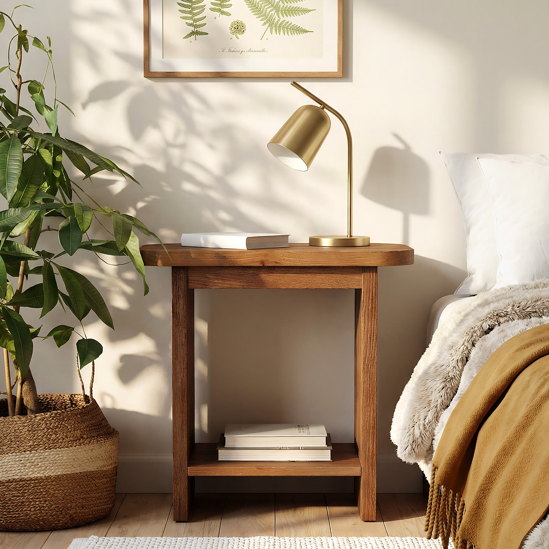 Solid Wood End Table, H-Shaped 2-Tier Side Table with Storage Shelf