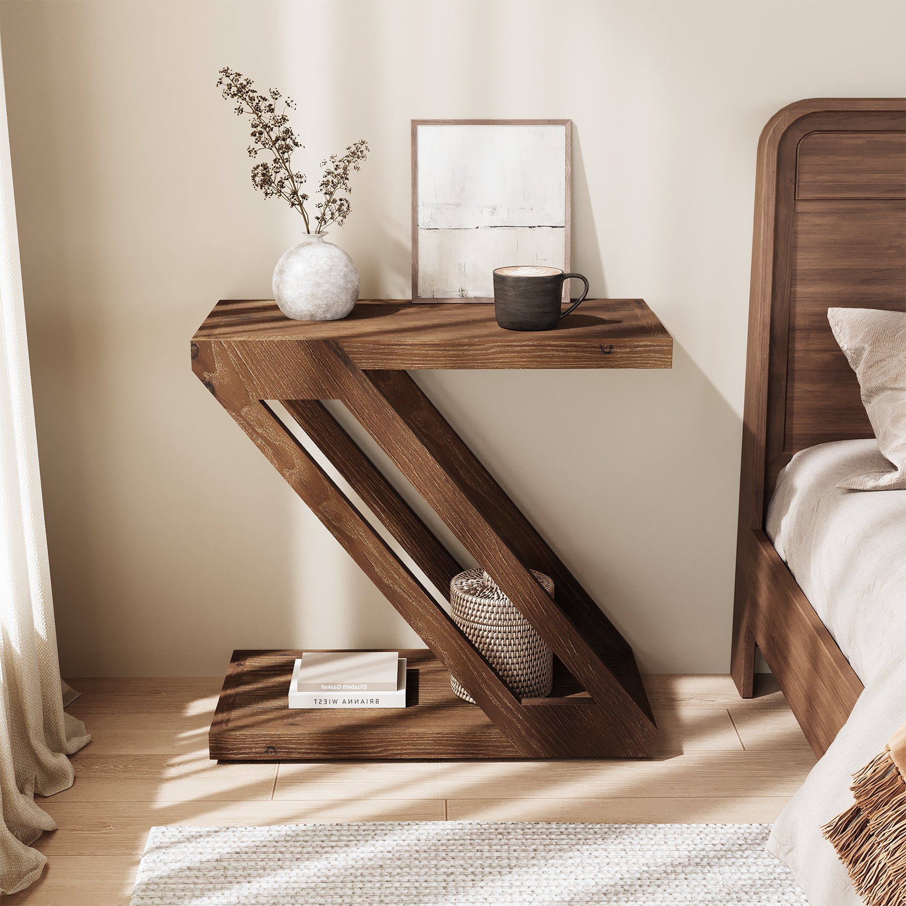 Solid Wood End Table, Z-Shaped Side Table with 2-Tier Storage
