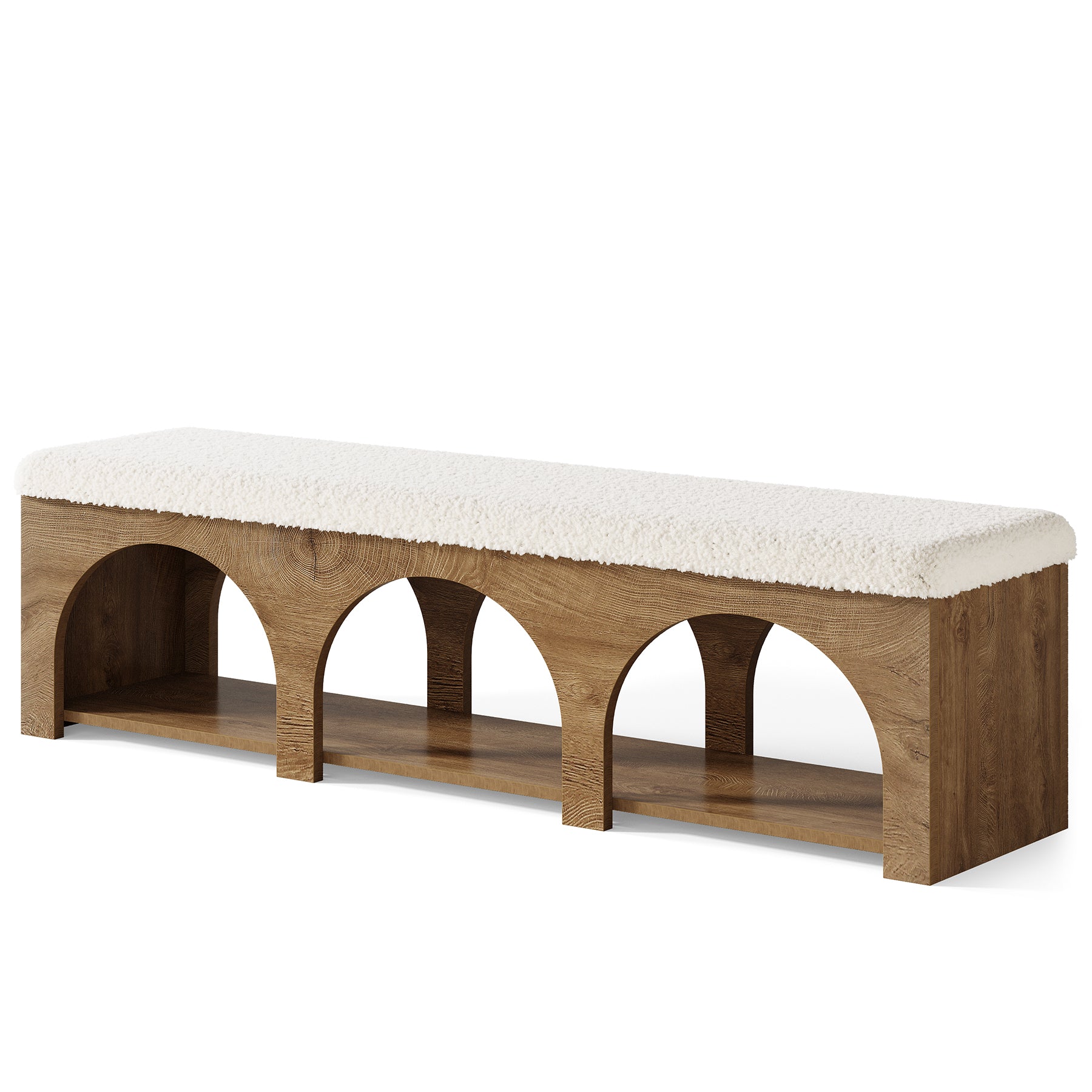 63" Upholstered Entryway Bench, 2-Tier Shoe Bench with Cushion and Shelf