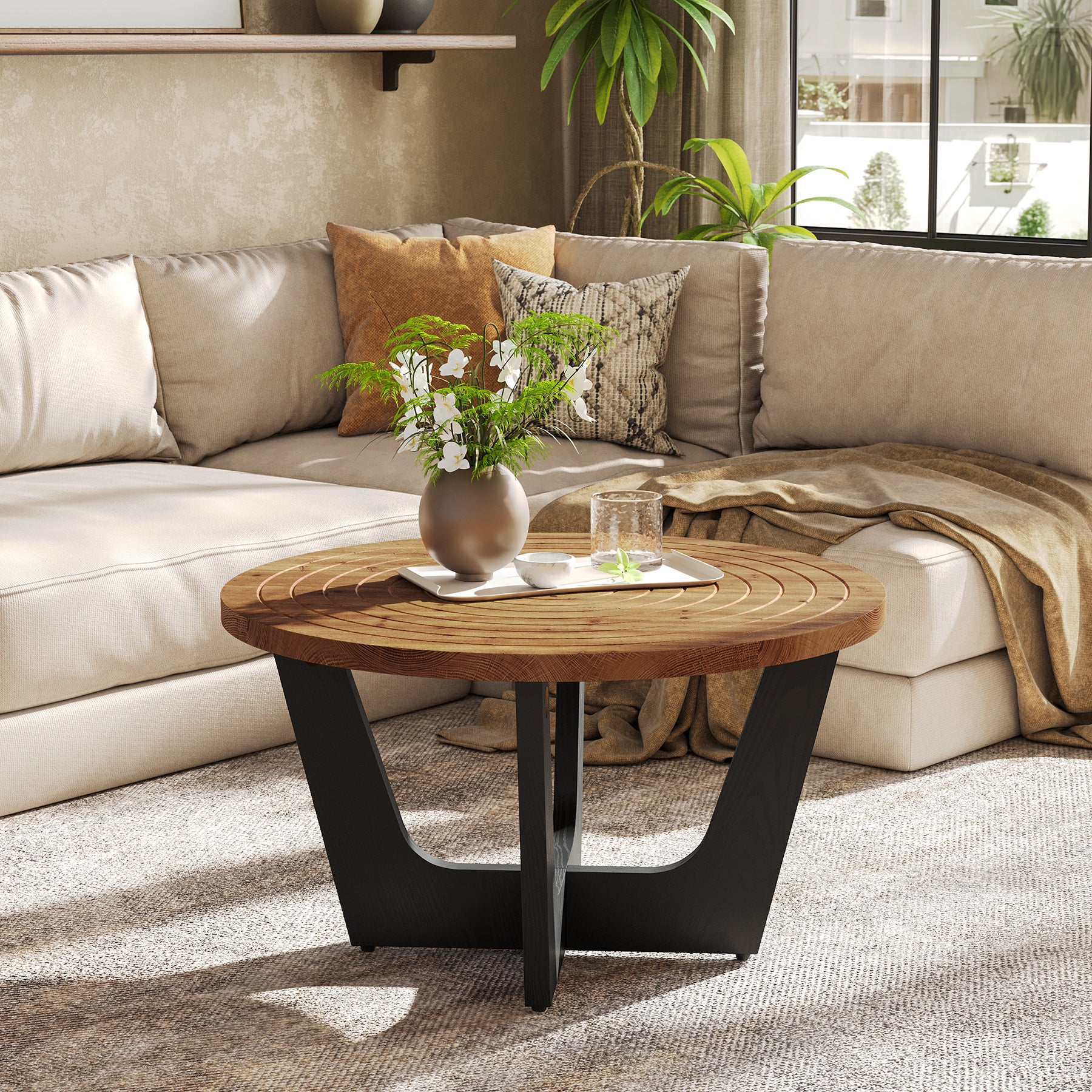 Round Solid Wood Coffee Table, 31.5" Center Tea Table with Ring Groove