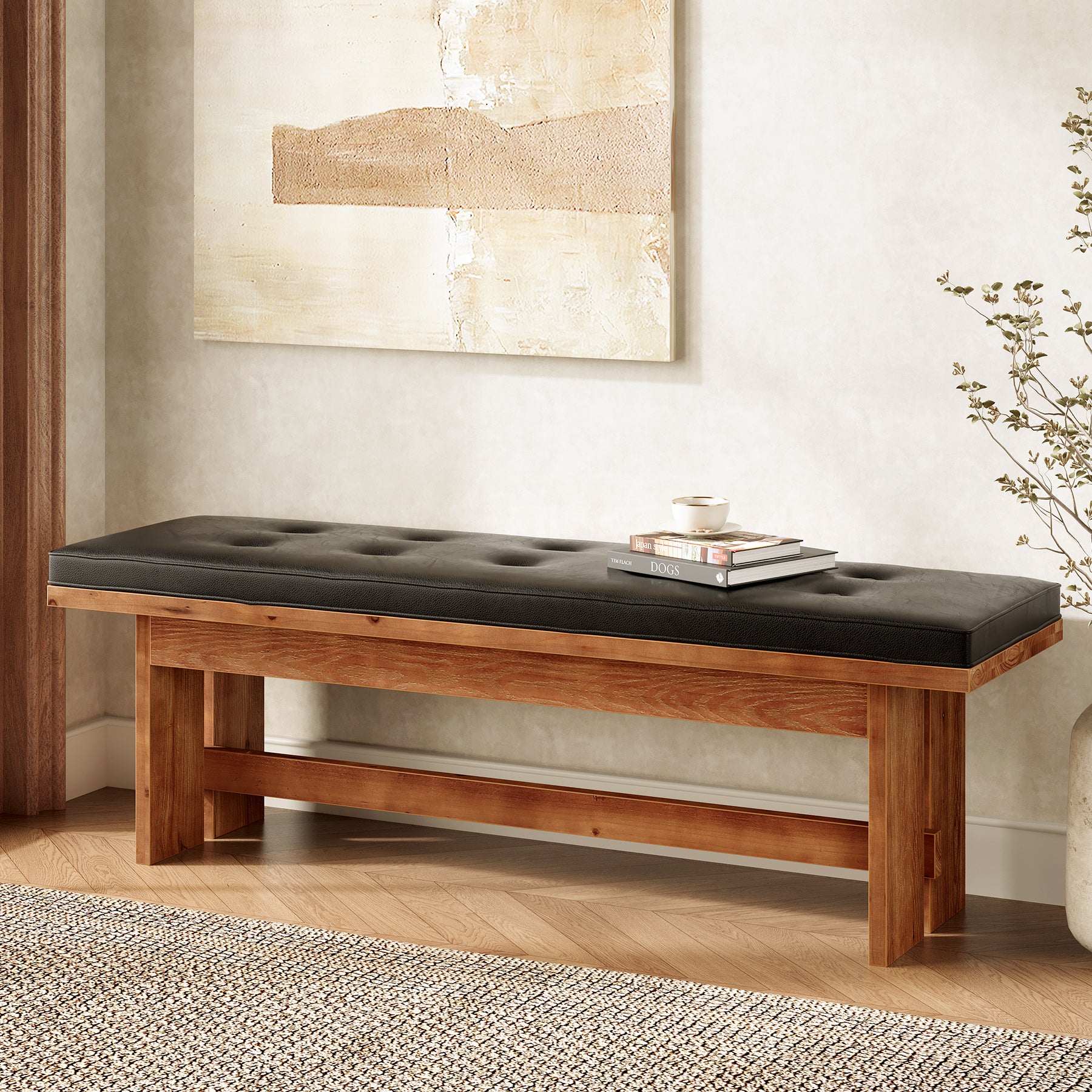 Solid Wood Shoe Bench with Cushion, 55" Upholstered Entryway Bench