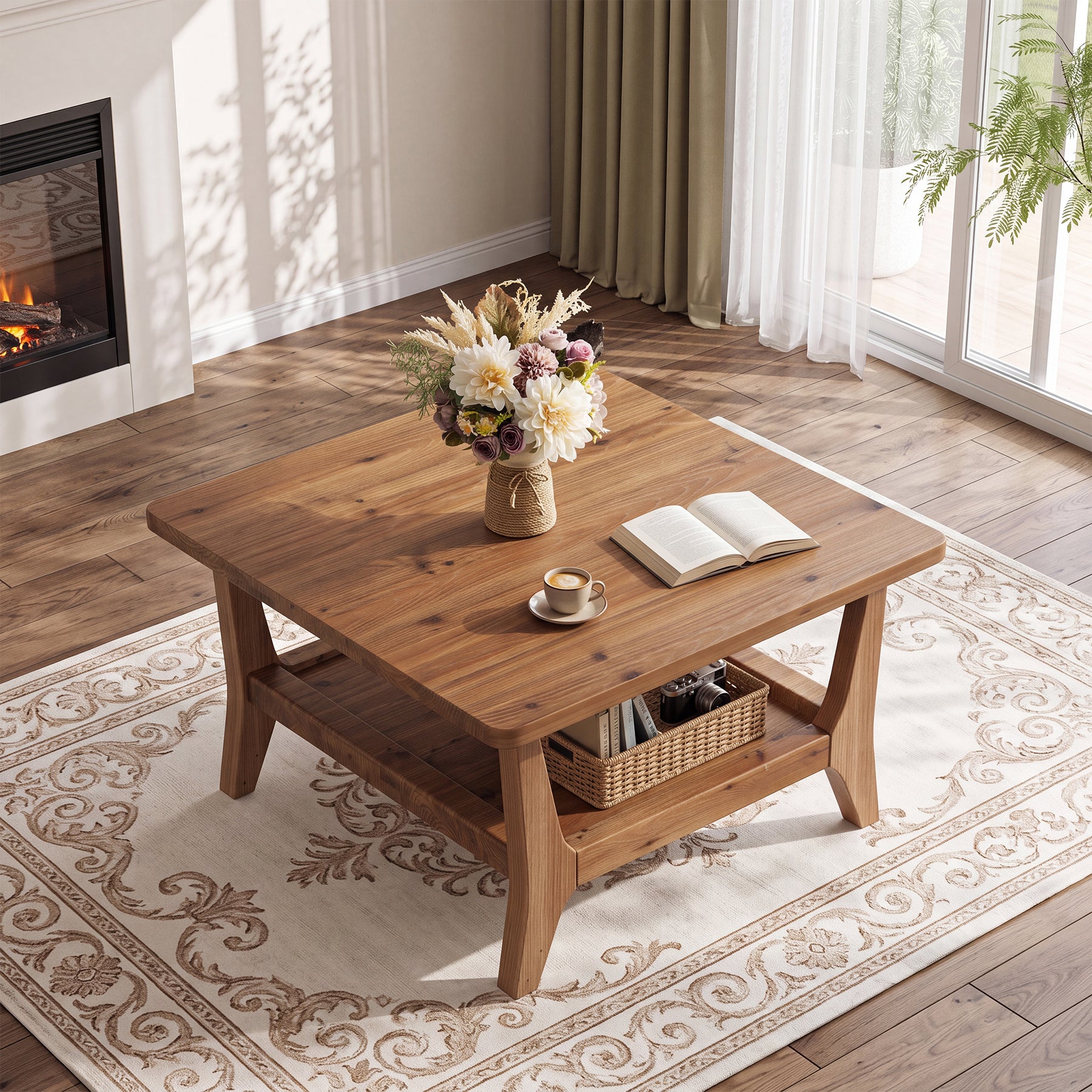 31.5" Square Solid Wood Coffee Table with 2-Tier Storage