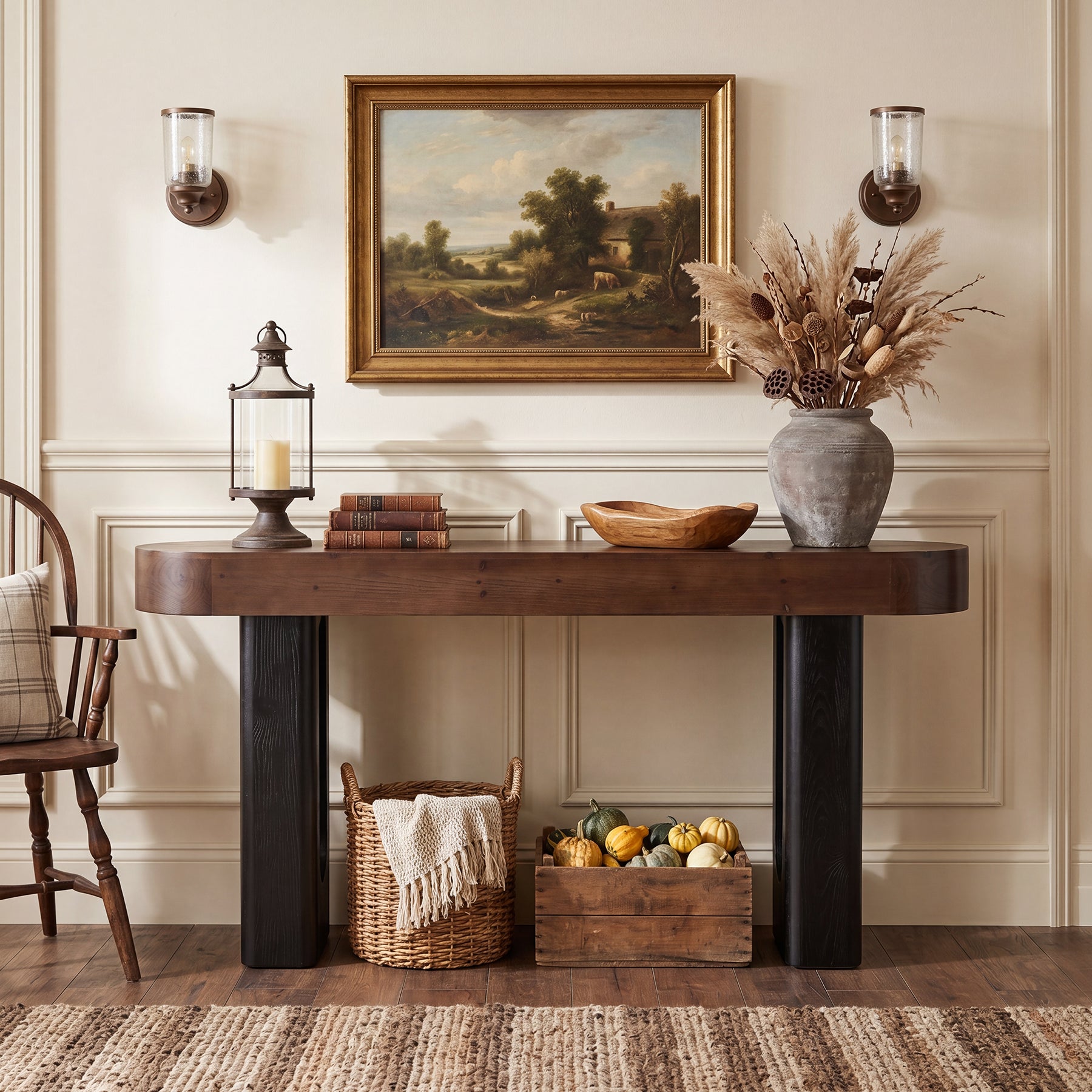 63" Solid Wood Console Table, Narrow Sofa Table with Rounded Edges for Entryway