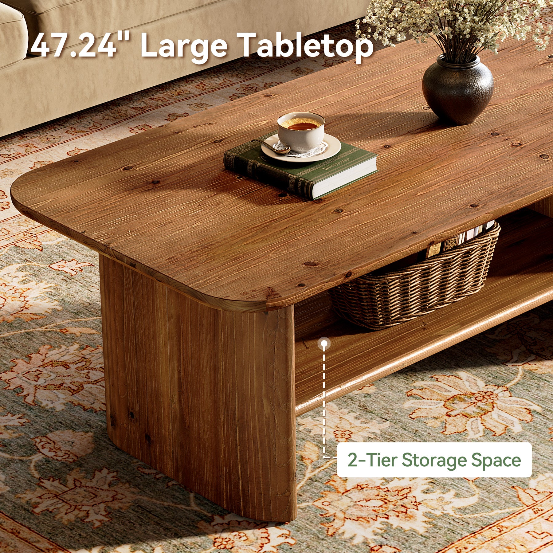47" Solid Wood Coffee Table, Rectangle Center Table with 2-Tier Storage