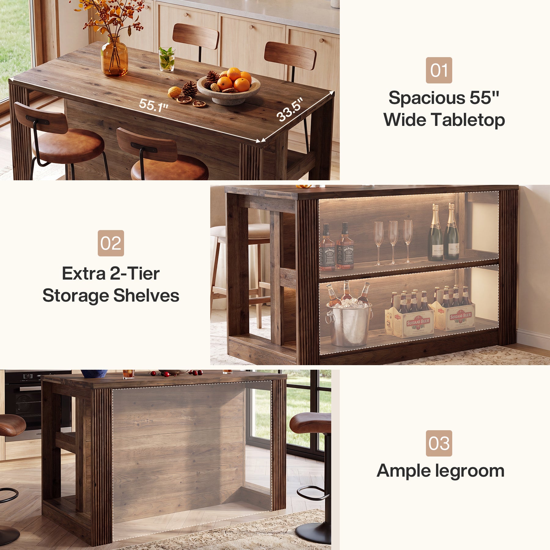 55" Home Bar Table, Solid Wood Counter Height Pub Table for Dining Room