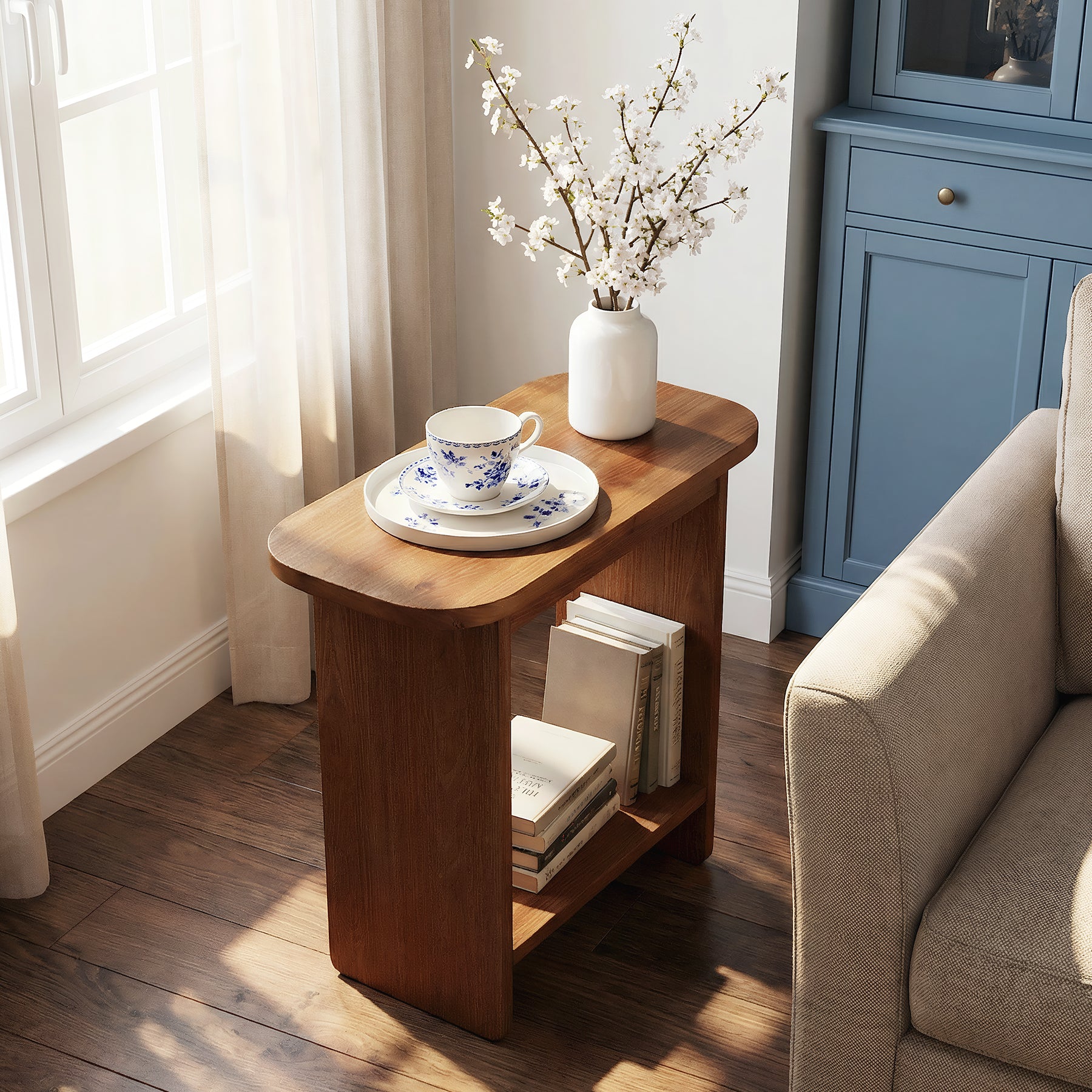 Solid Wood End Table, H-Shaped 2-Tier Side Table with Storage Shelf