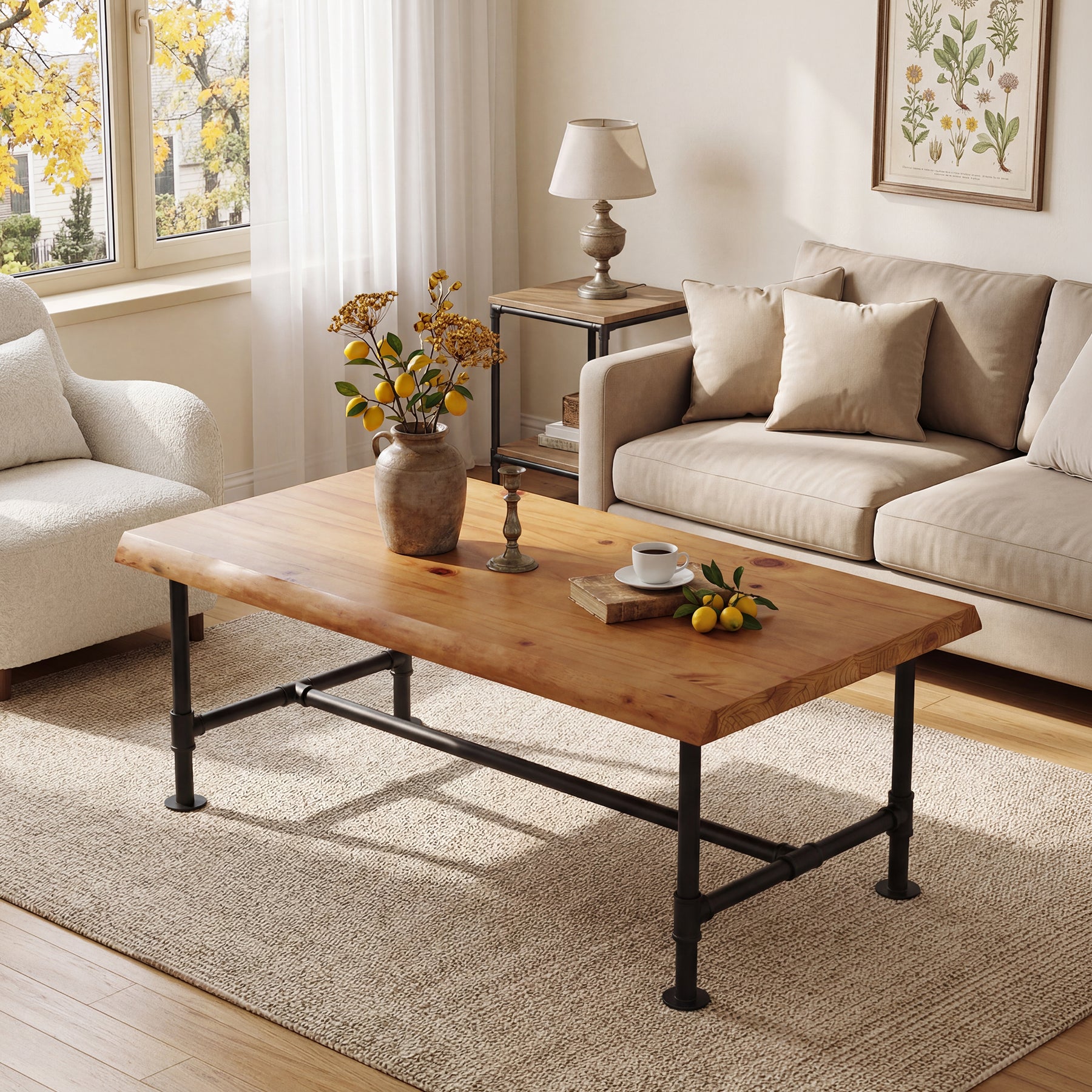Tribesigns 47.2" Live Edge Coffee Table, Pine Wood Center Table for Living Room
