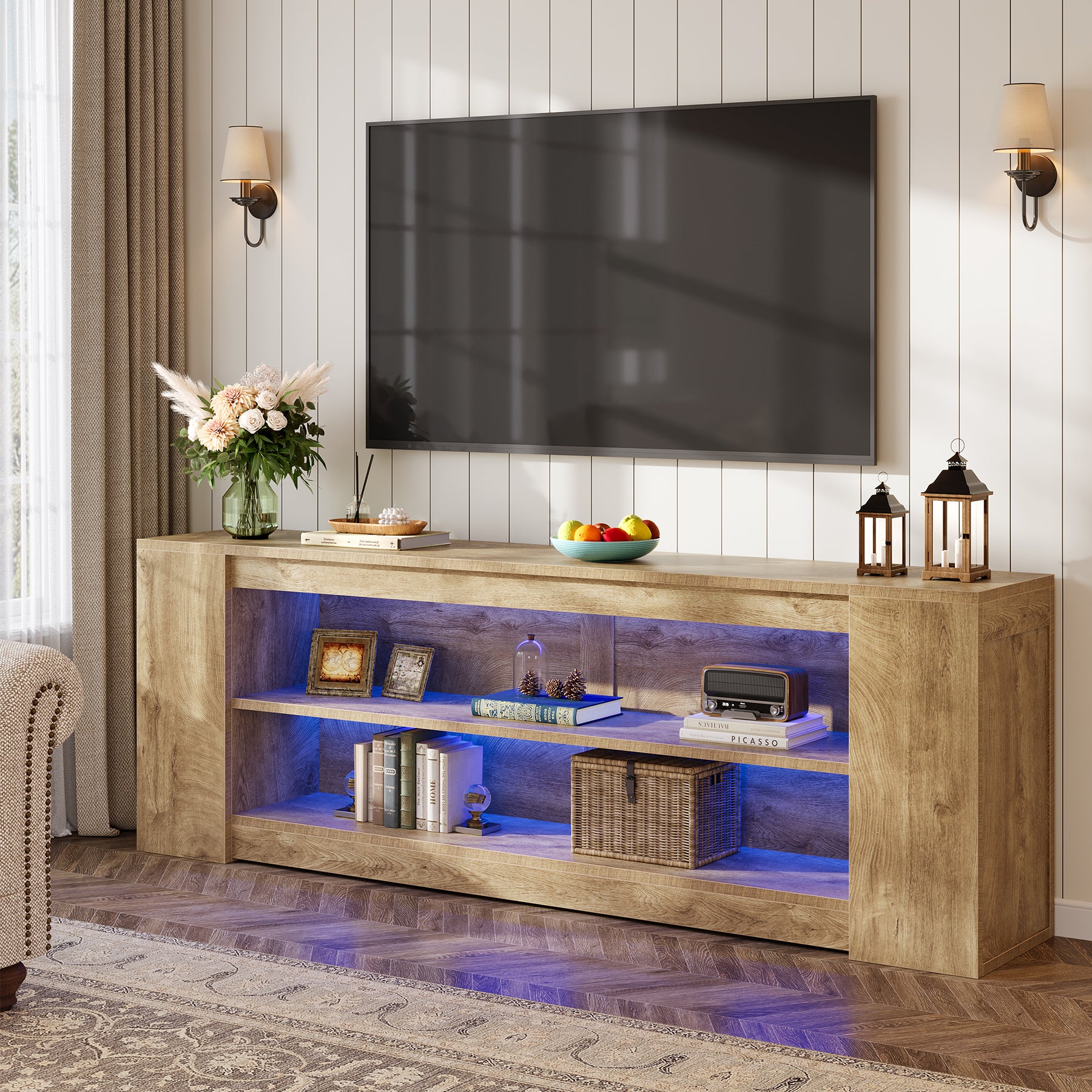 78" LED Light TV Stand for TVs up to 90", 3 Tiers Farmhouse Entertainment Center with Open Storage Shelves