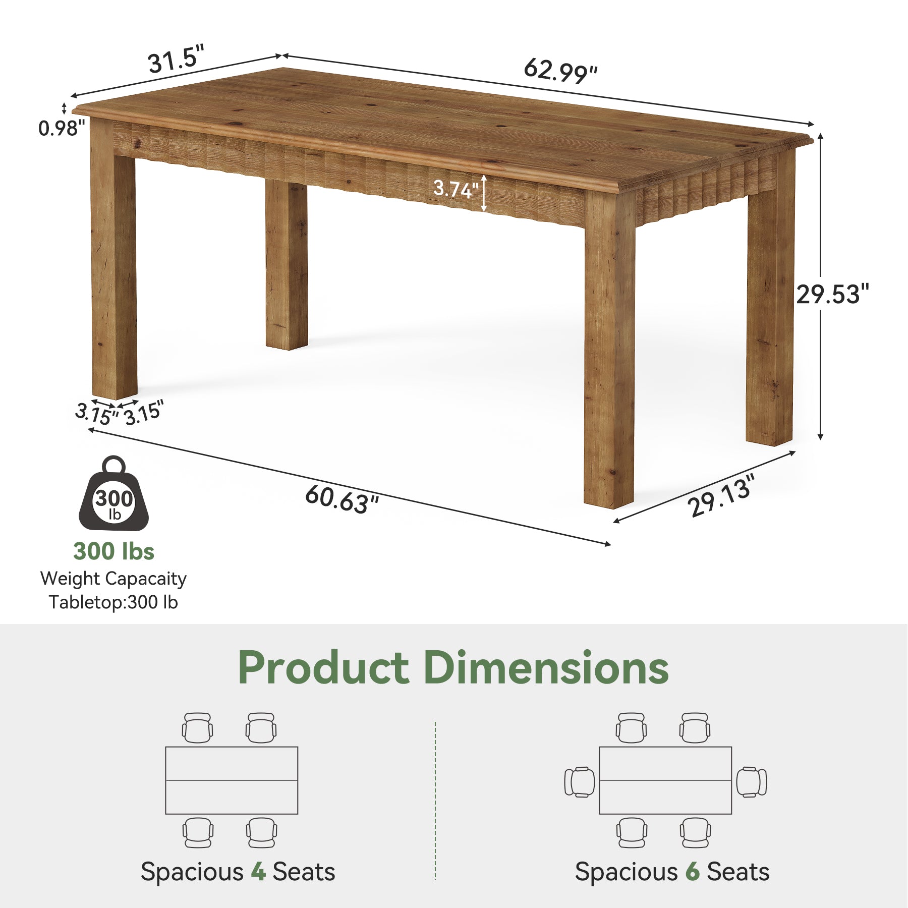 Solid Wood Computer Desk, 63" Home Office Desk with Sturdy Legs