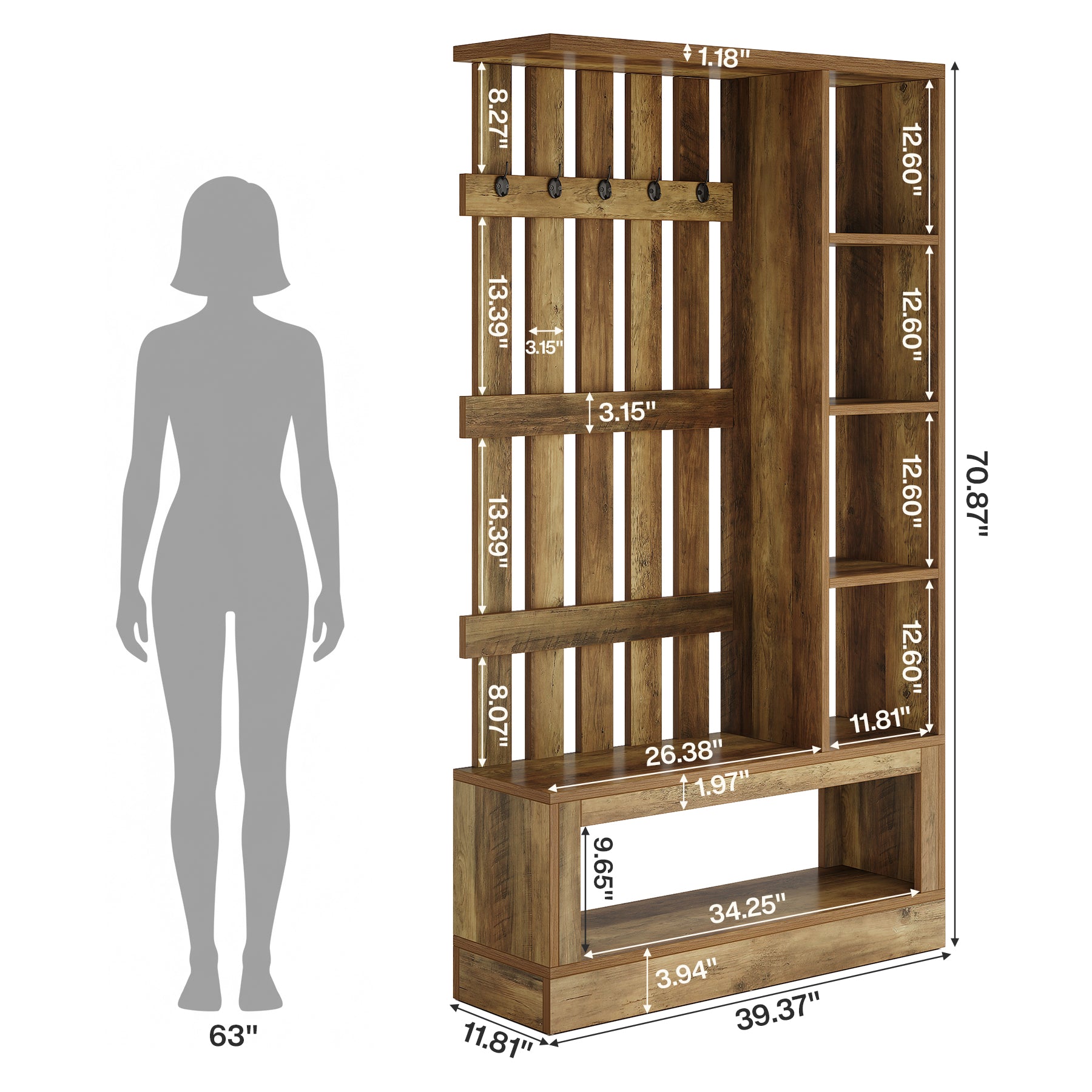 70.9'' Wall Room Divider With Shelves, Freestanding Wall Partition With Coat Rack