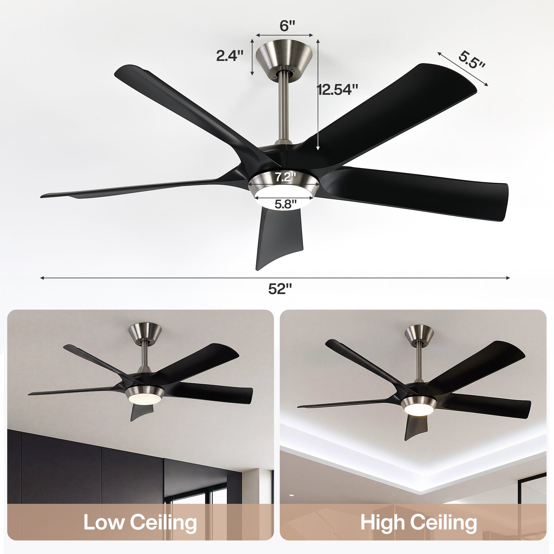 52" Ceiling Fan, Modern 5-Blade Dimmable LED Reversible Fan Light for Living Room