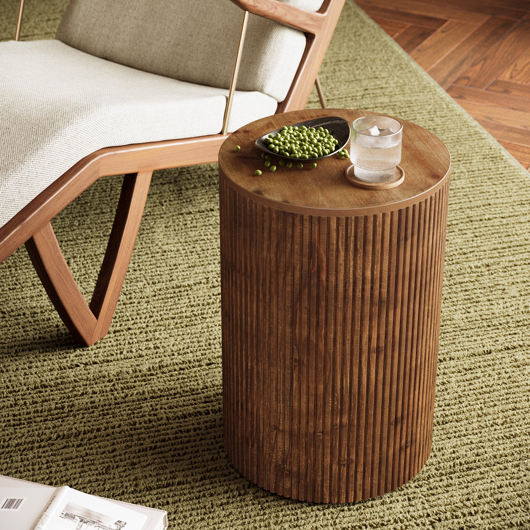 Solid Wood Round Side Table, No-Assembly Fluted End Table with Storage & 4 Wheels