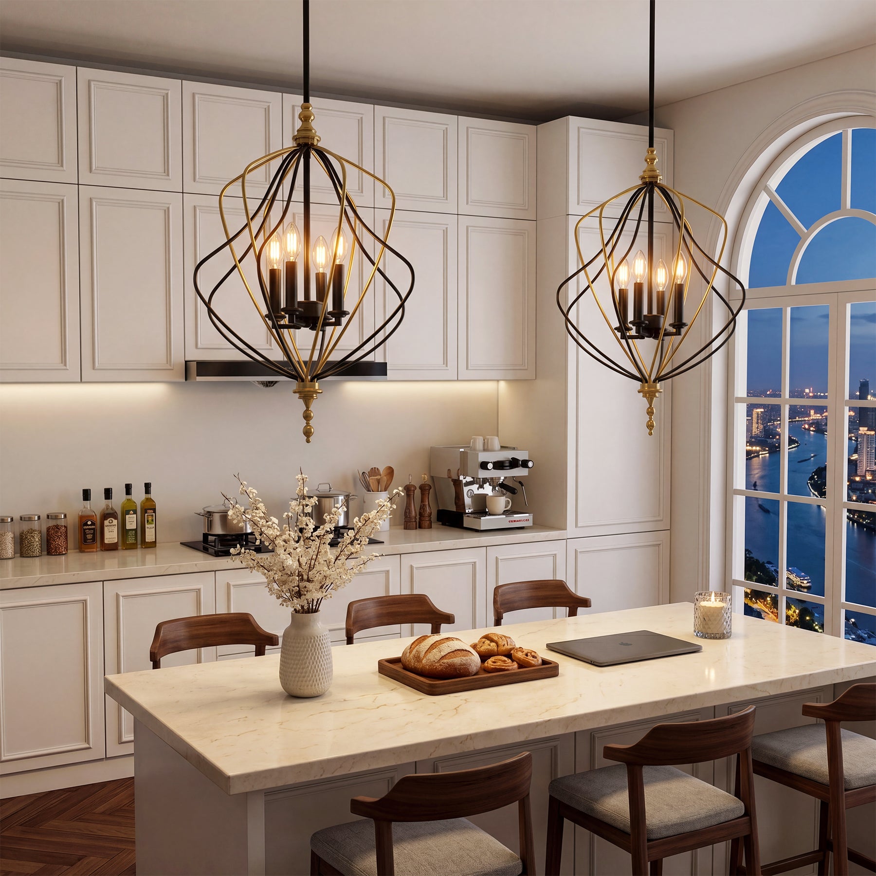 4-Light Chandelier, Modern Metal Cage Pendant Lighting for Living Room (Bulb Not Included)