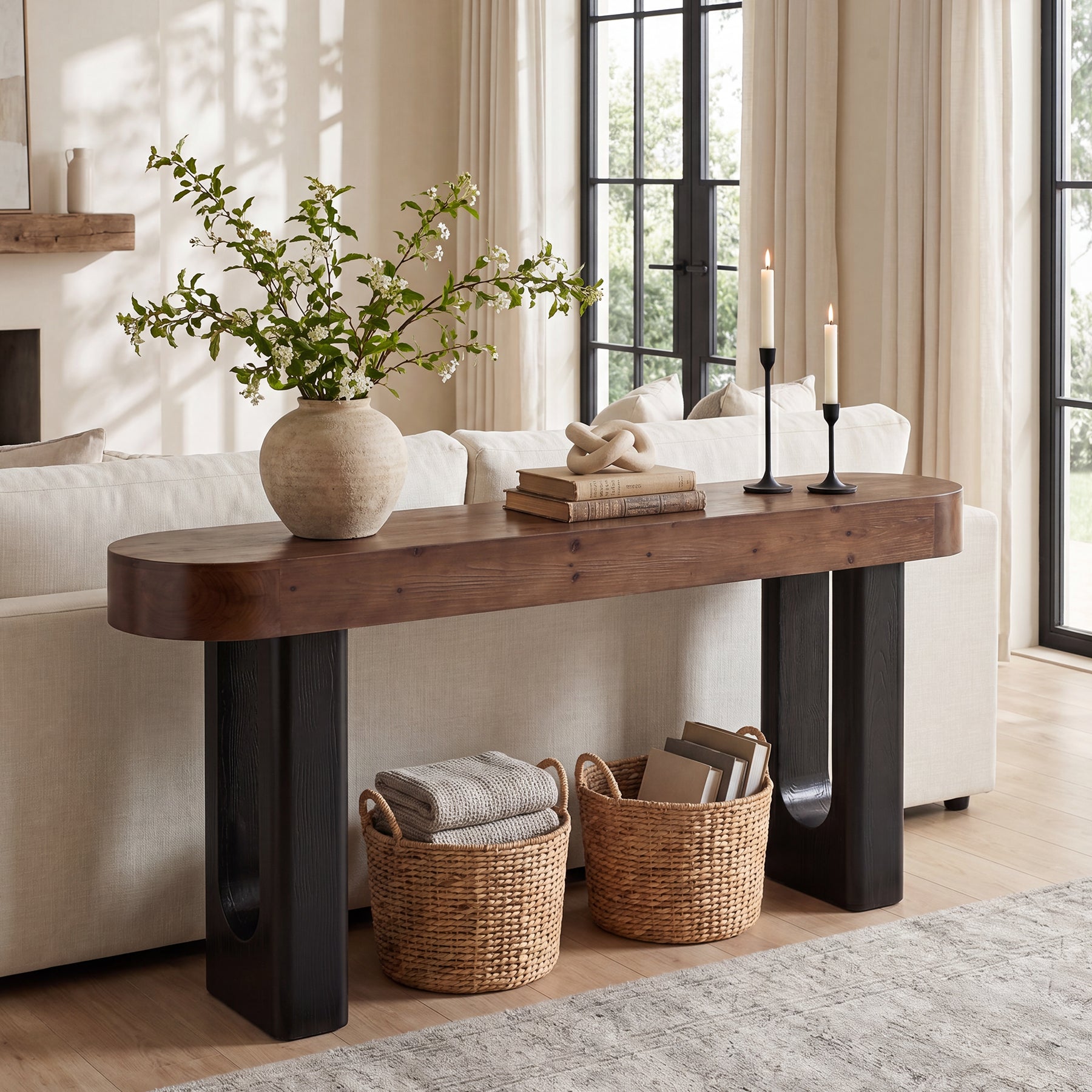 63" Solid Wood Console Table, Narrow Sofa Table with Rounded Edges for Entryway