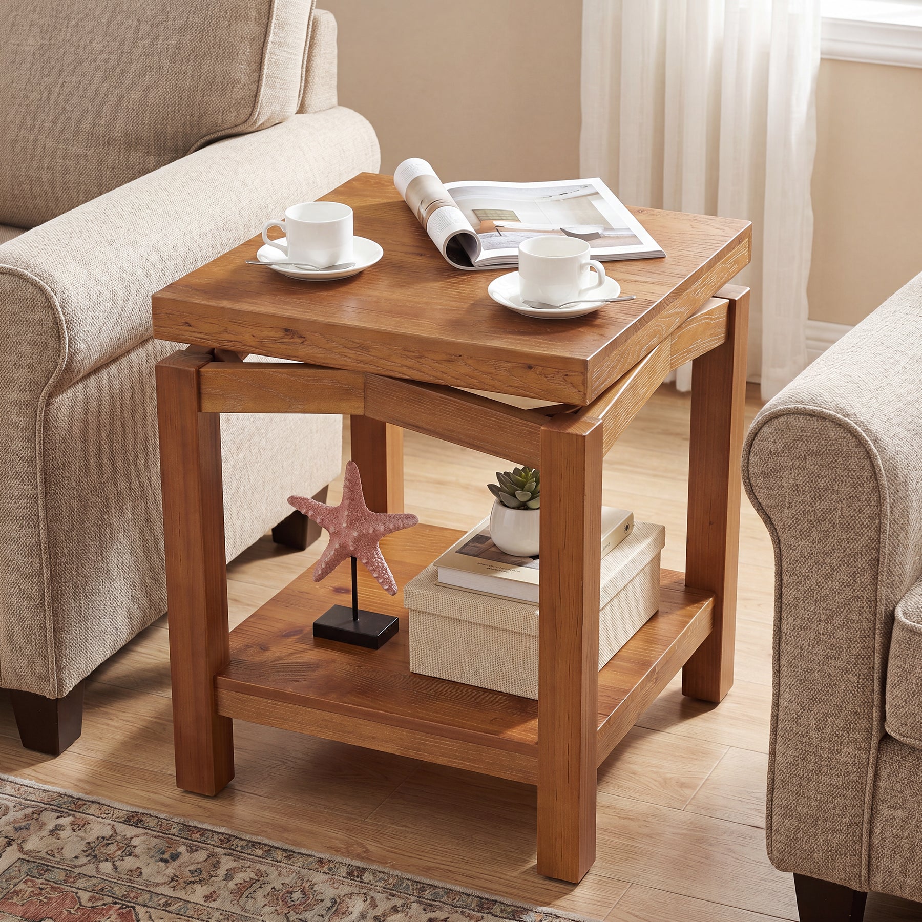 Tribesigns 19.7-Inch Solid Wood Side Table with 2-Tier Storage Shelf, Small Square End Table for Living Room Bedroom and Small Spaces