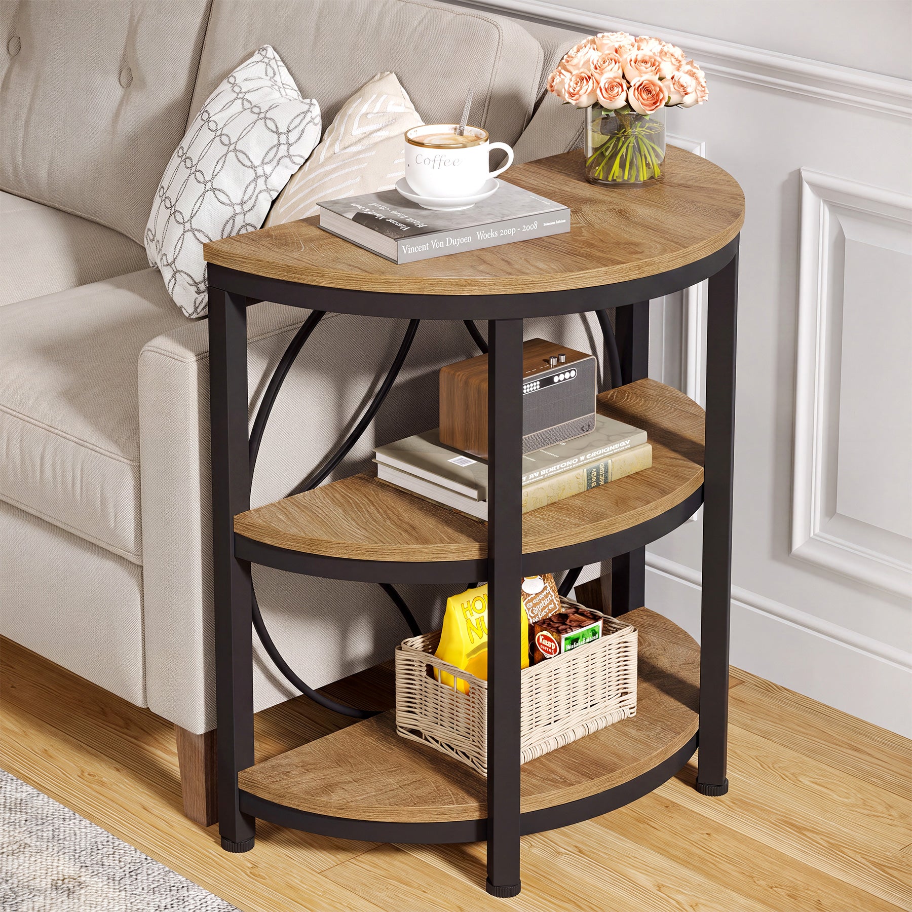 Half-Round End Table, 3-Tier Narrow Side Table with Metal Frame