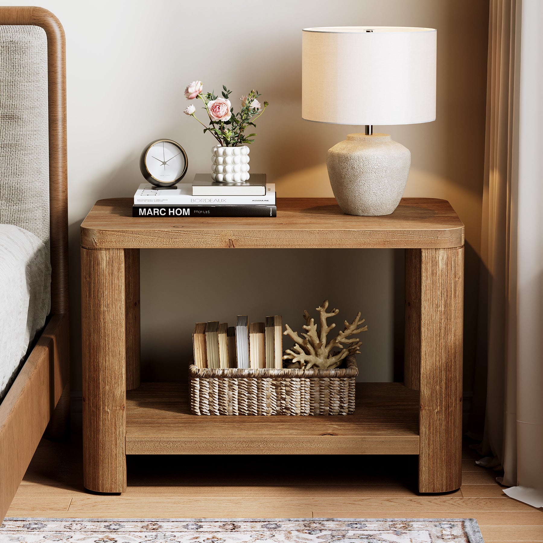 Solid Wood End Table, Rectangle Side Table Nightstand with 2-Tier Shelf