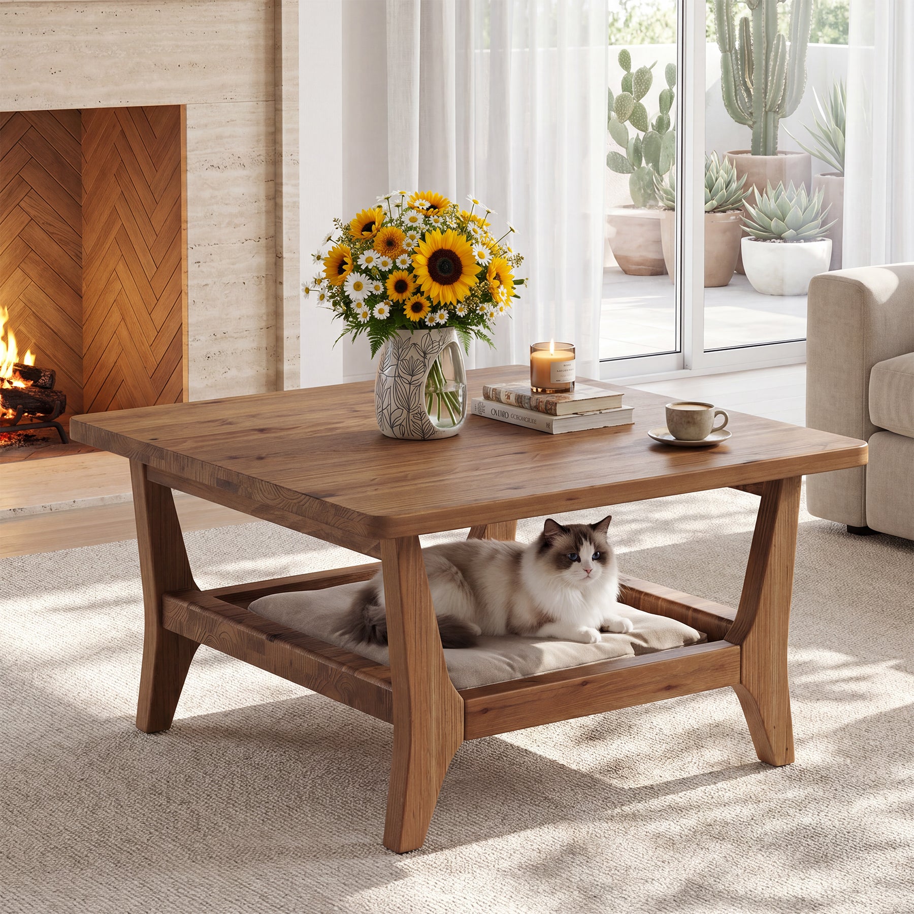 31.5" Square Solid Wood Coffee Table with 2-Tier Storage