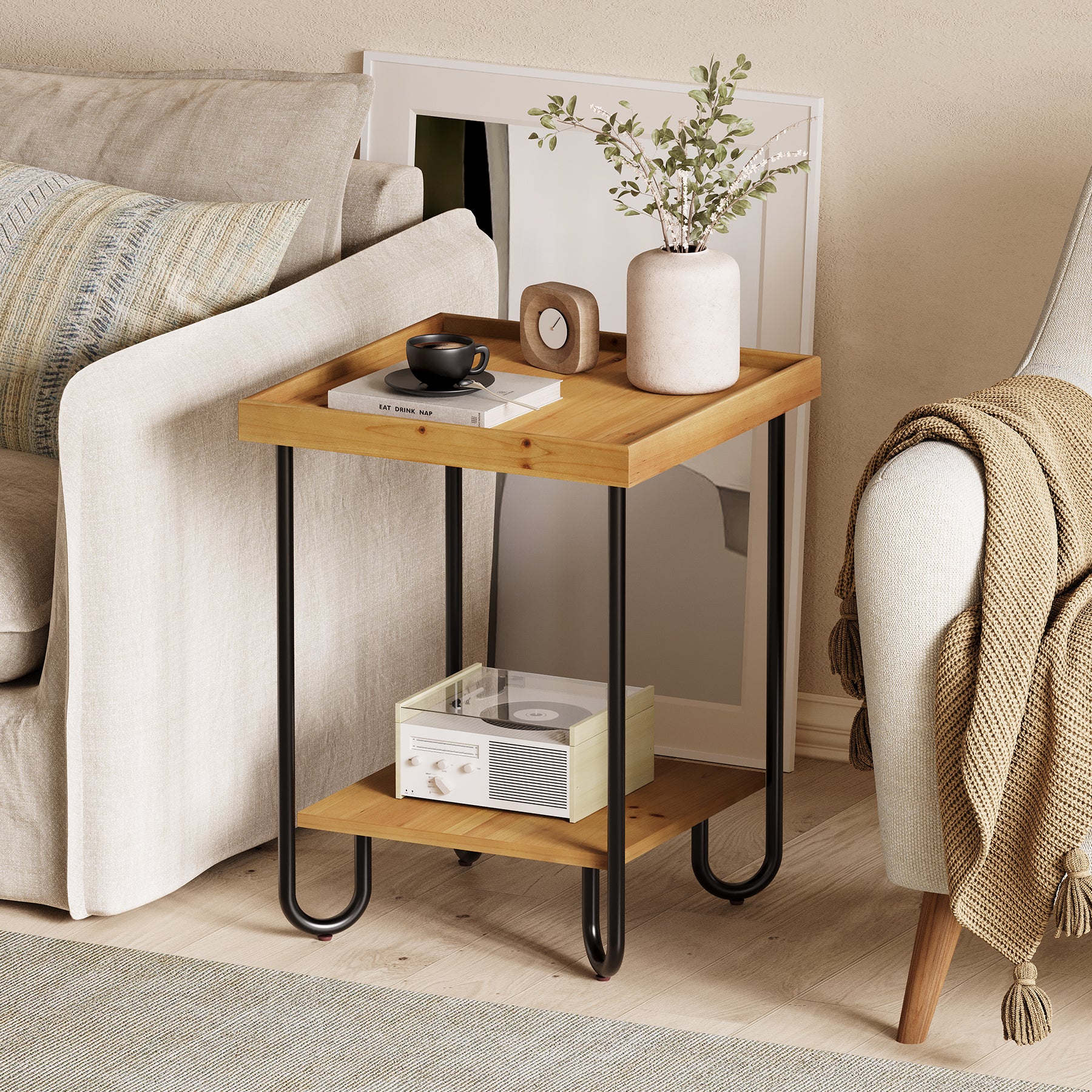 Solid Wood End Table, 2-Tier Side Table Nightstand with Storage Shelf