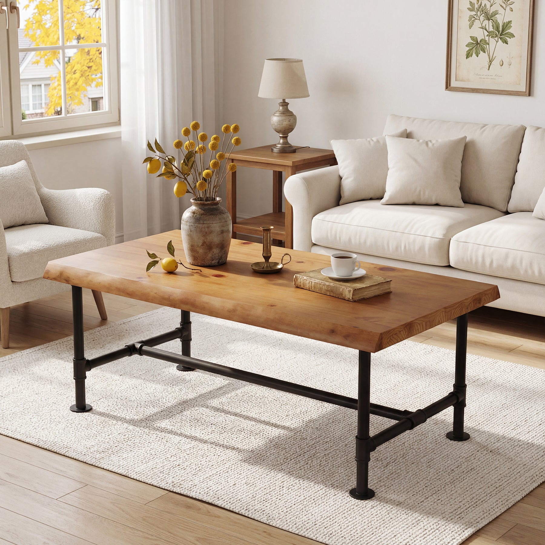 Tribesigns 47.2" Live Edge Coffee Table, Pine Wood Center Table for Living Room