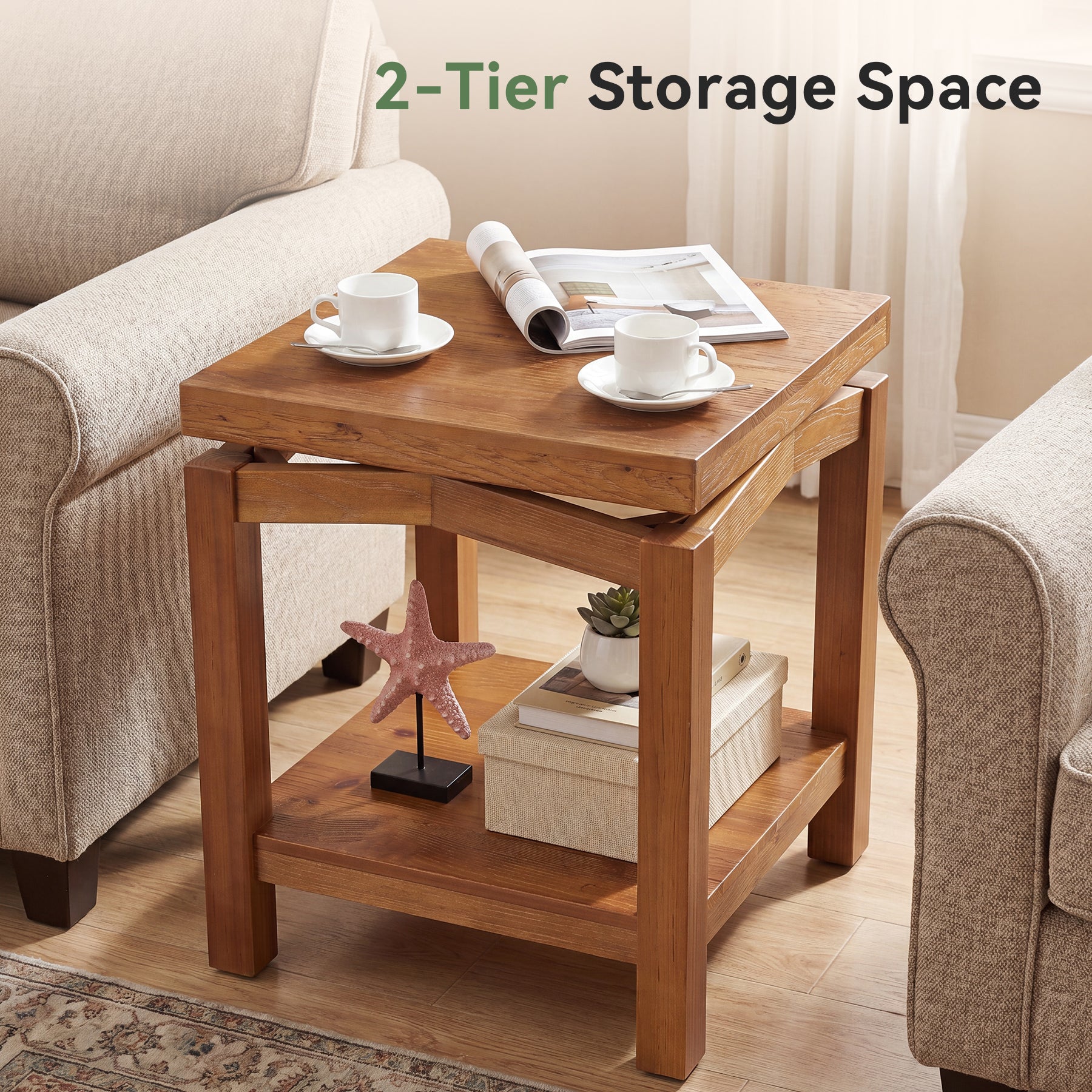 Tribesigns 19.7-Inch Solid Wood Side Table with 2-Tier Storage Shelf, Small Square End Table for Living Room Bedroom and Small Spaces