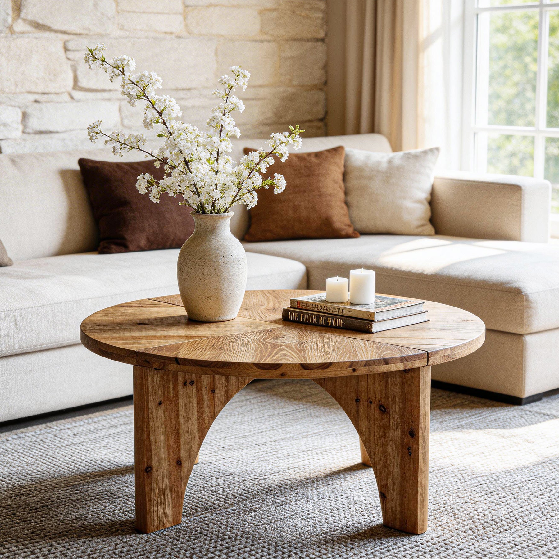 31.5" Round Coffee Table, Farmhouse Solid Wood Center Table with Curved Legs