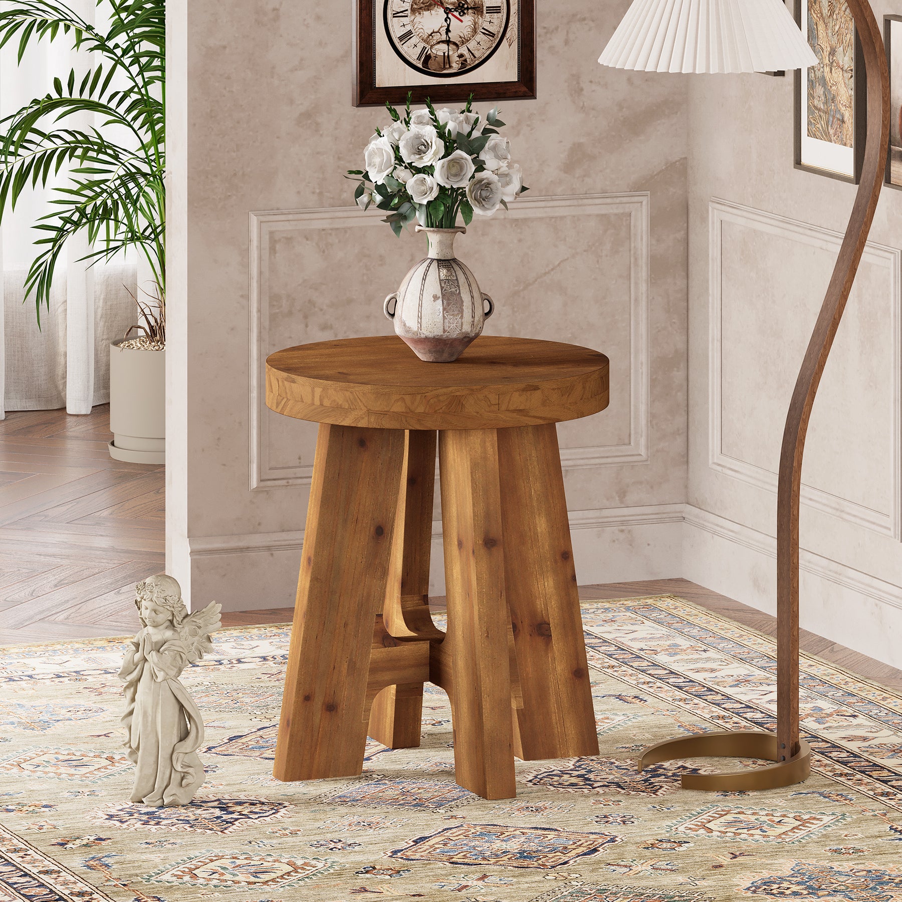 Solid Wood End Table, Round Side Table with Heavy-Duty Legs for Couch