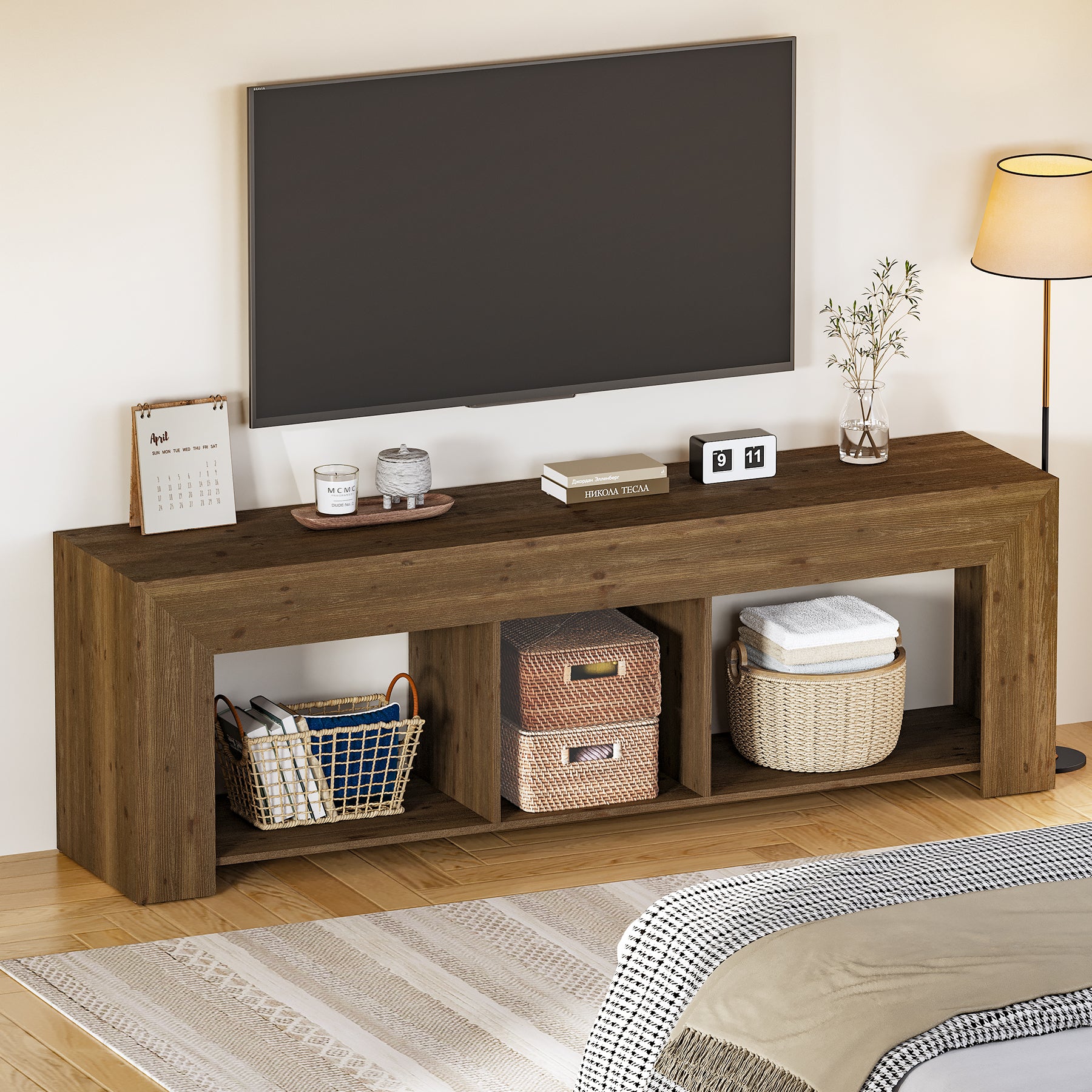 Solid Wood TV Stand, 63" Entertainment Center with Storage for 65" TV