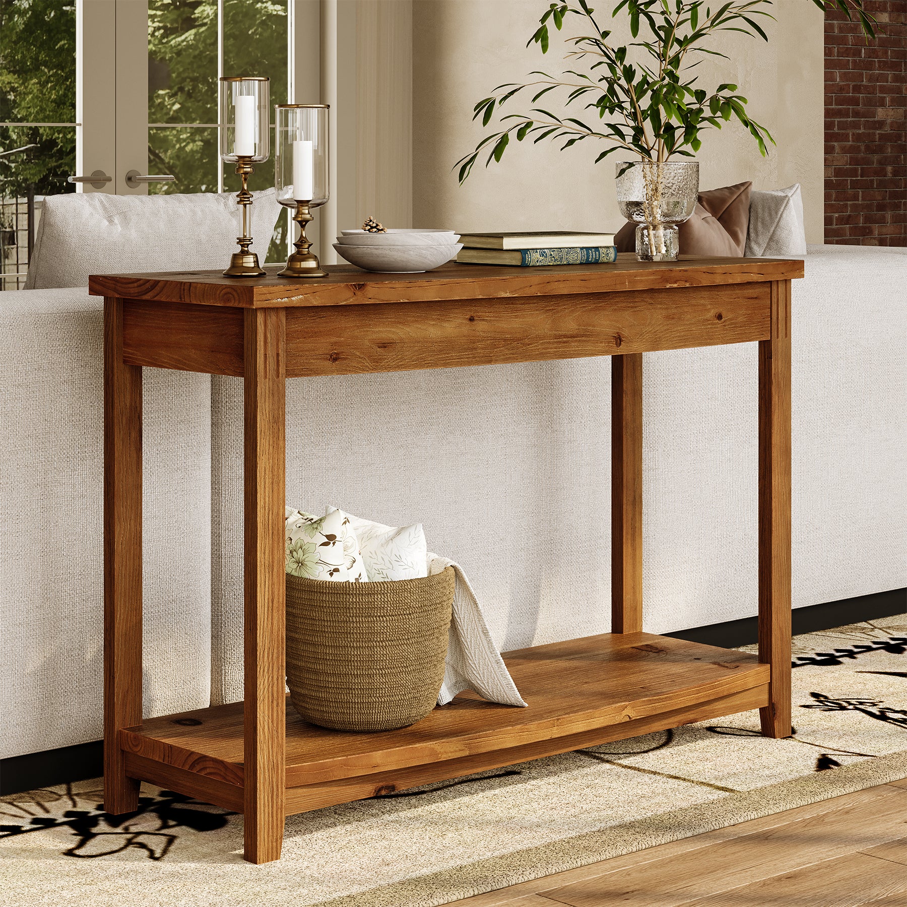 41.3" Solid Wood Console Table, Farmhouse Entryway Table With Storage Shelf