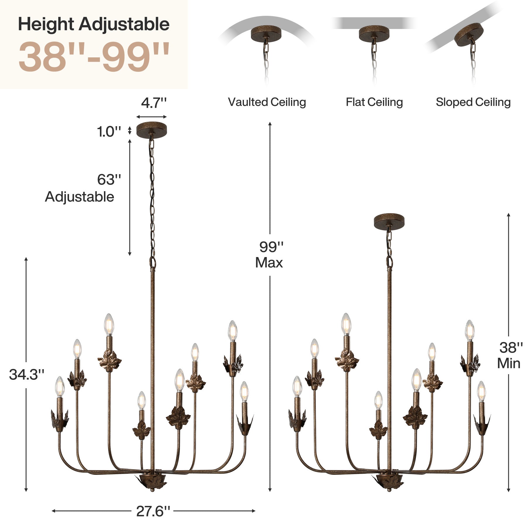 8-Light Chandeliers, 27" Ceiling Light Fixture Pendant Light with Adjustable Chain