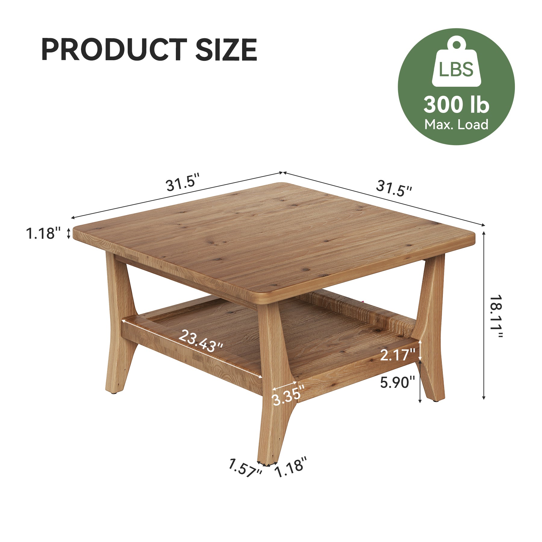 31.5" Square Solid Wood Coffee Table with 2-Tier Storage