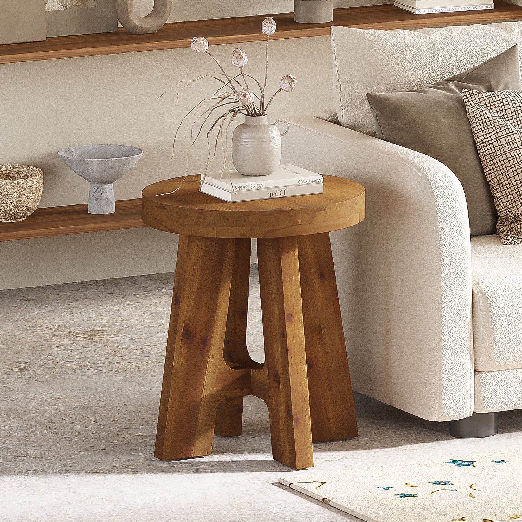 Solid Wood End Table, Round Side Table with Heavy-Duty Legs for Couch