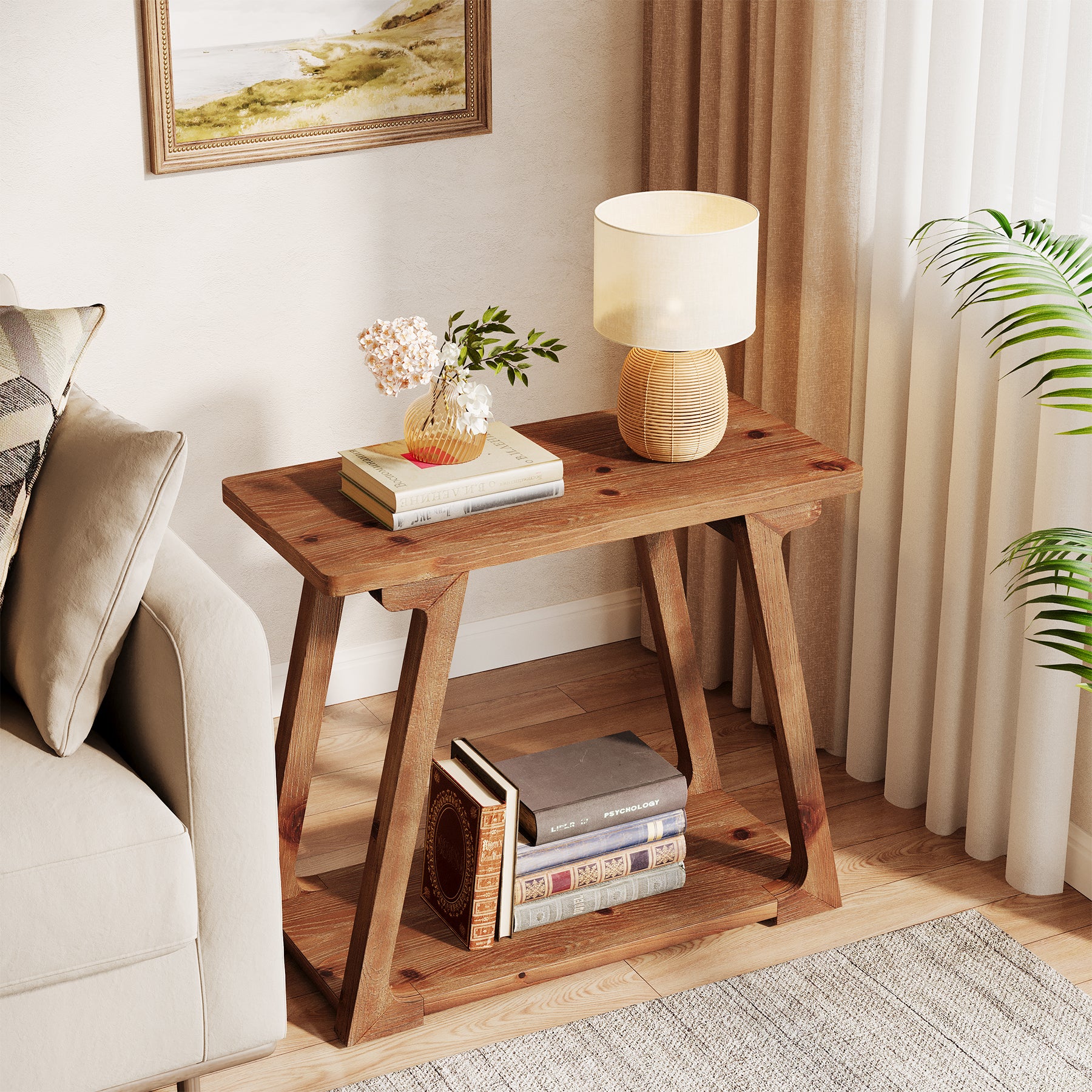 Solid Wood End Table, Narrow Side Table Nightstand with 2-Tier Storage