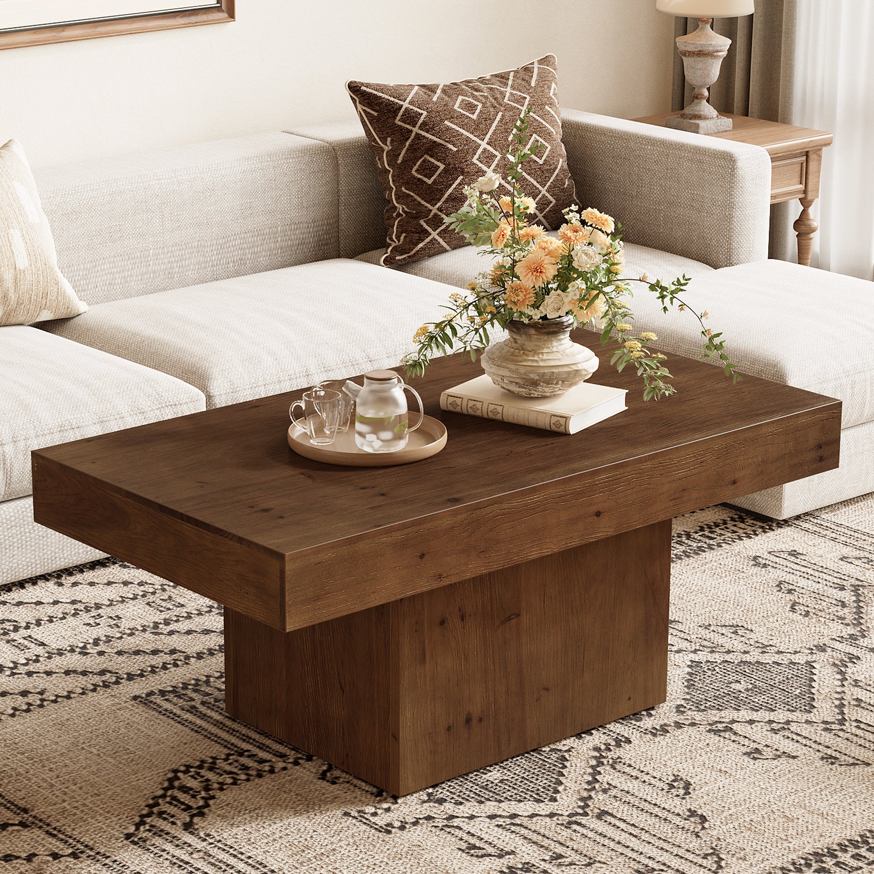 47.24" Solid Wood Coffee Table, Rectangle Center Table with Sturdy Pedestal