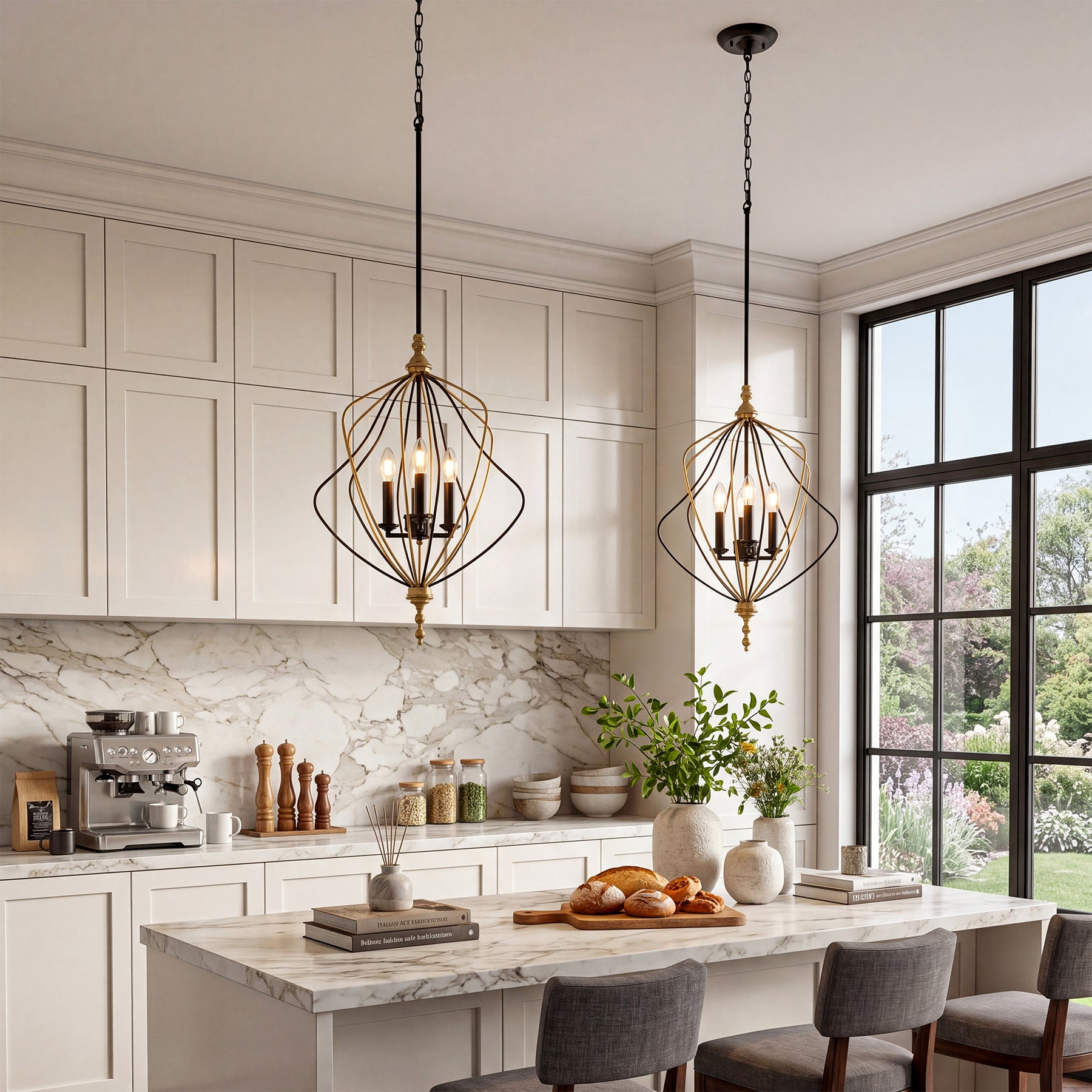 4-Light Chandelier, Modern Metal Cage Pendant Lighting for Living Room (Bulb Not Included)